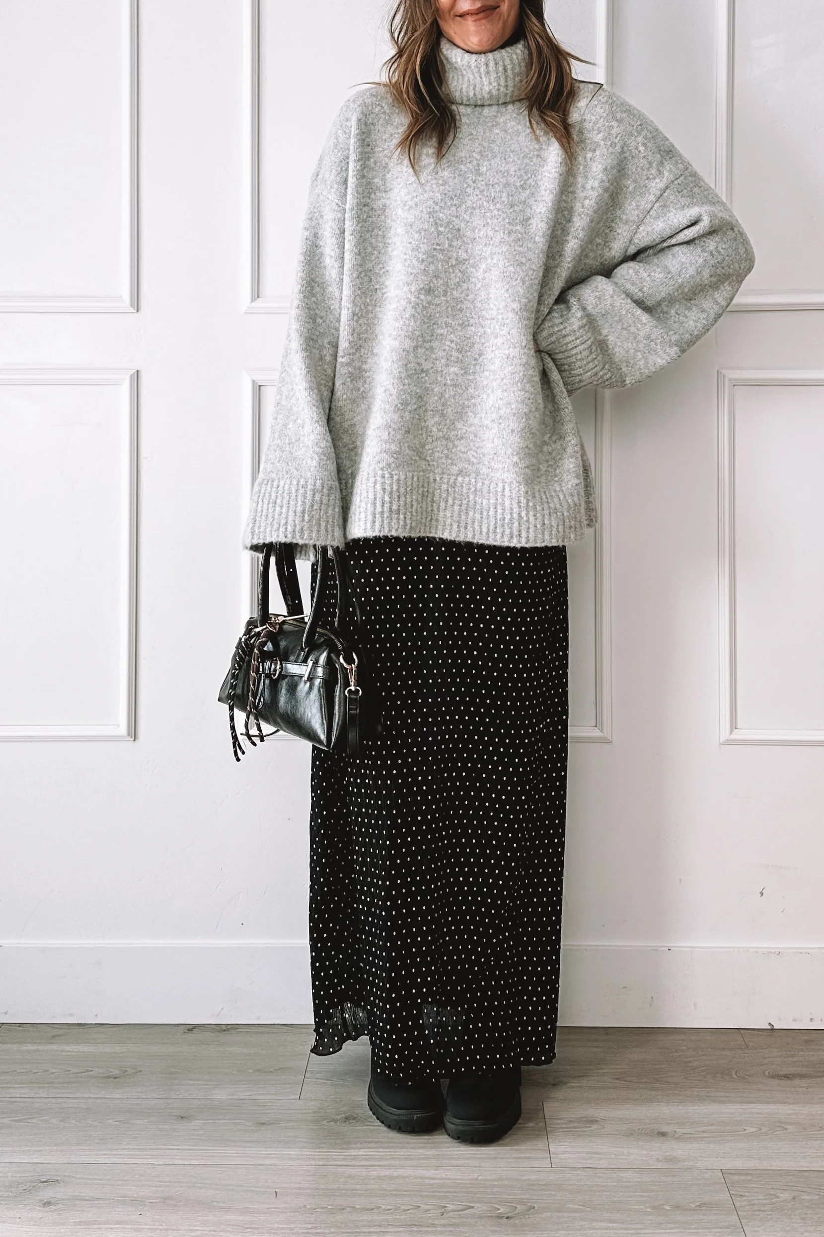 Comfy Elevated Mom Outfit with Oversized Sweater and Midi Skirt