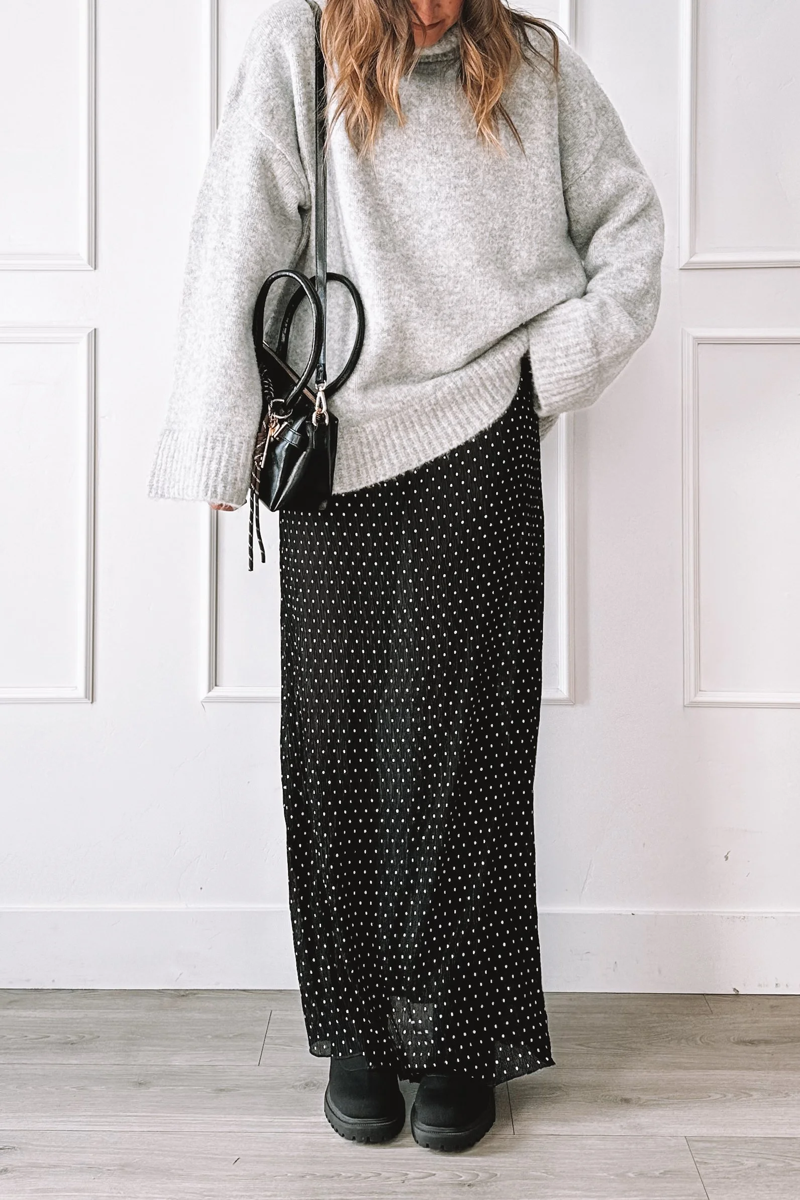 Comfy Elevated Mom Outfit with Oversized Sweater and Midi Skirt