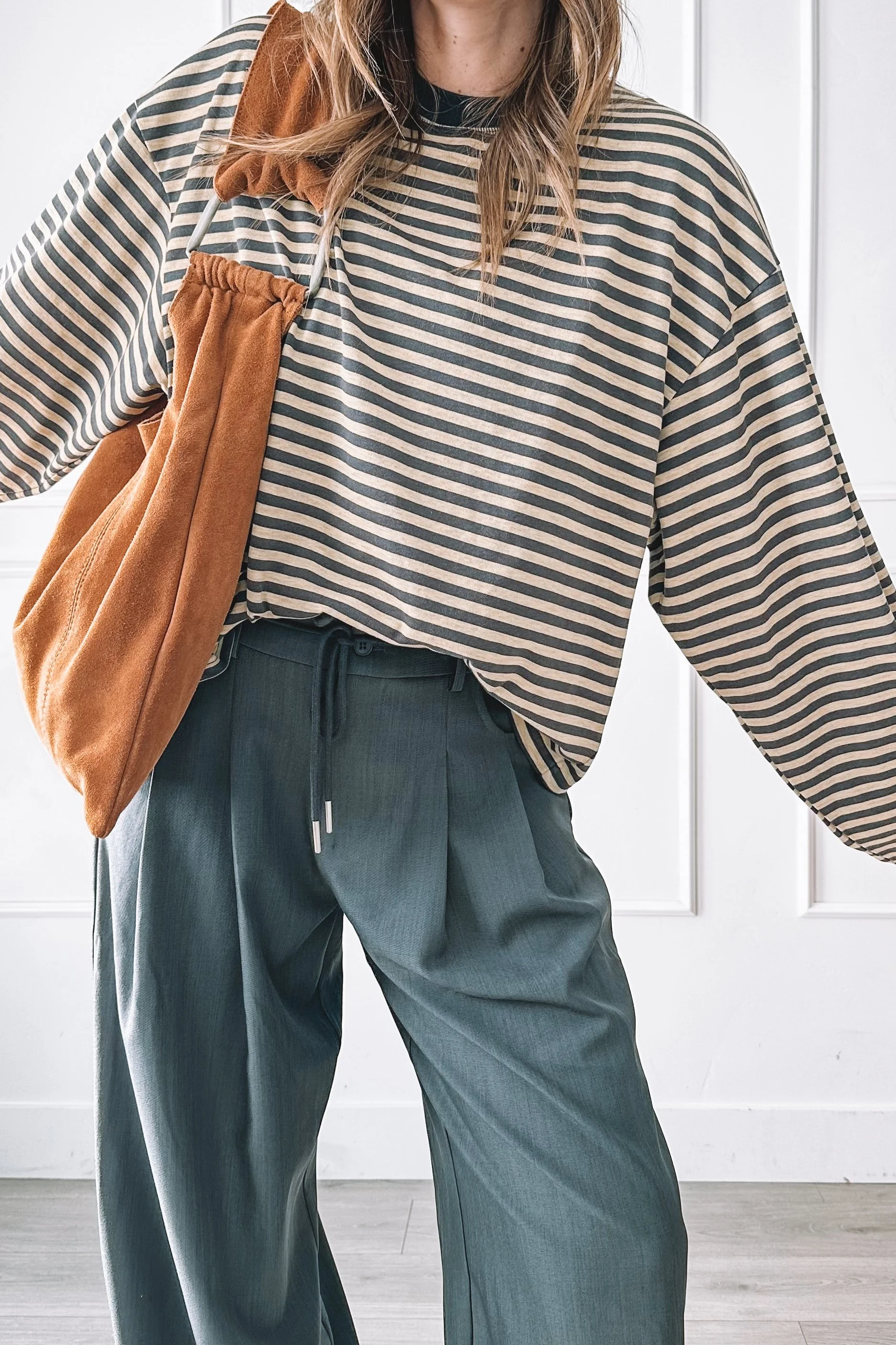 Baggy Everyday Outfit Striped Top Wide Leg Trouser Pants