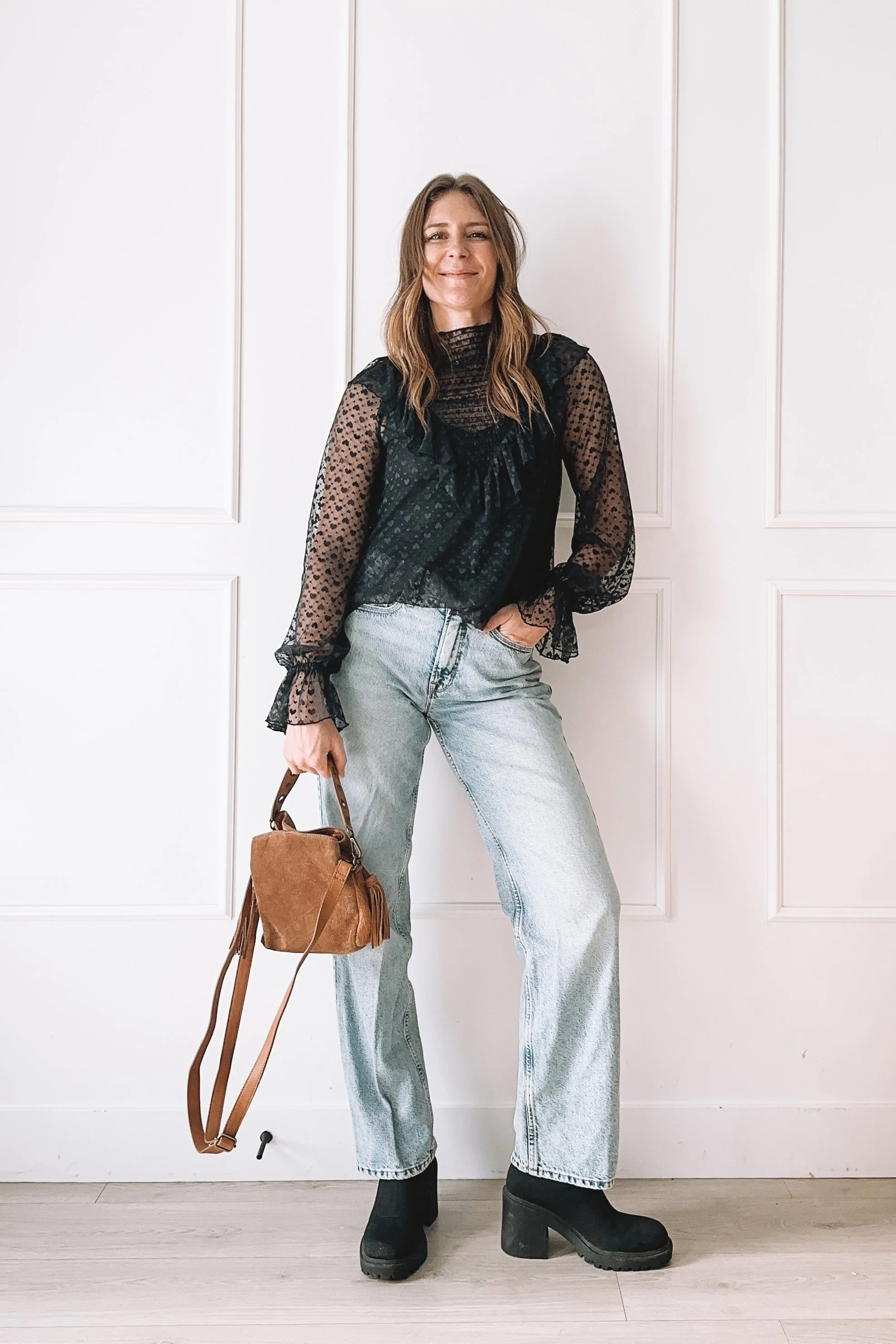 Everyday Lace Outfit with Jeans and Platform Boots
