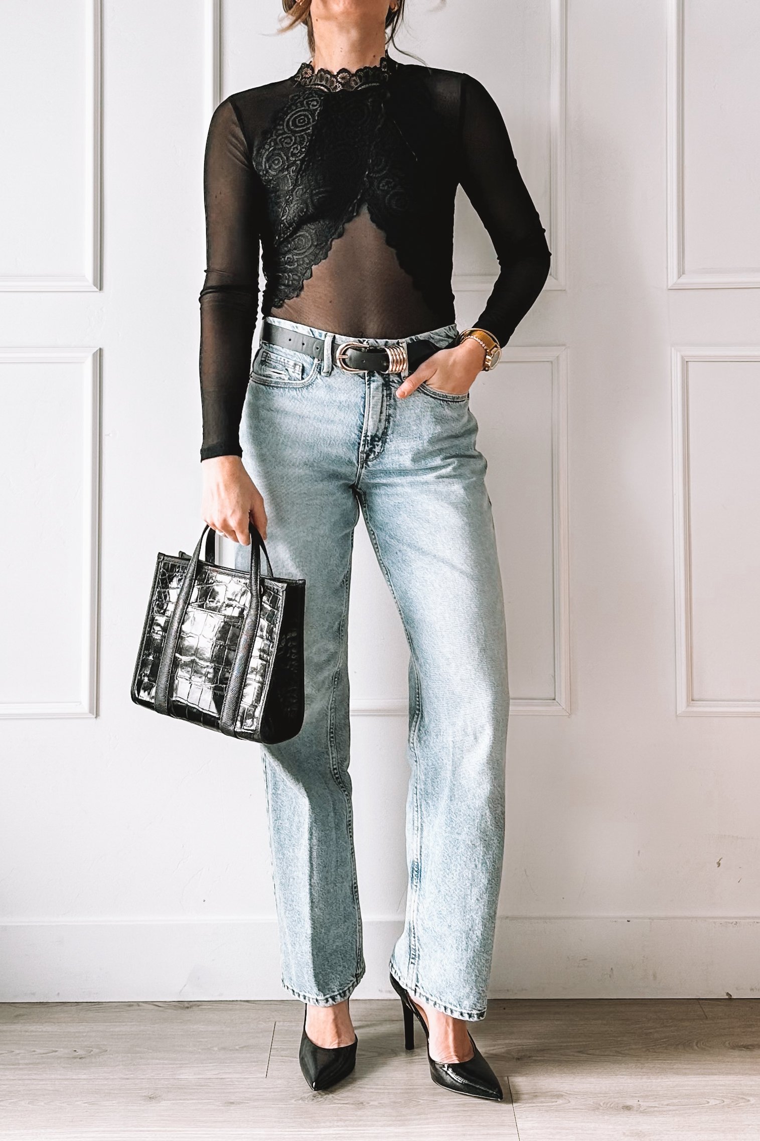 Black Lace Top and Jeans - Valentine's Day Outfit