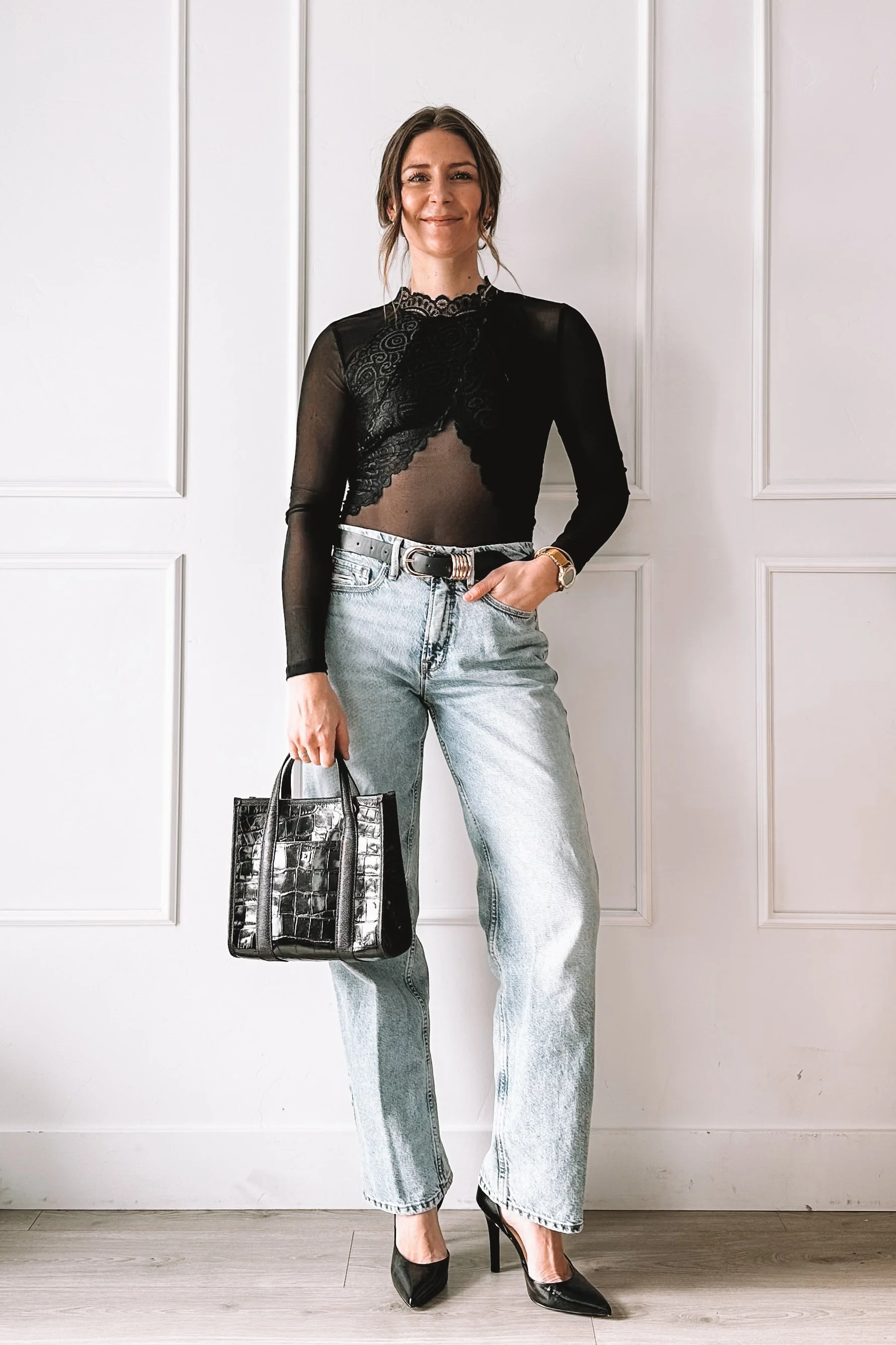 Black Lace Top and Jeans - Valentine's Day Outfit