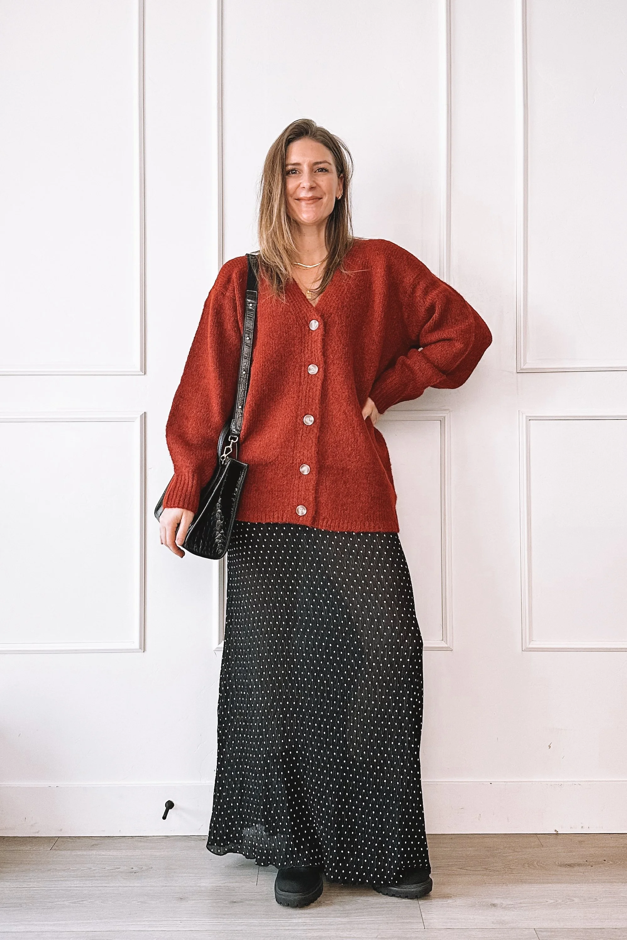 Red Polka Dot Skirt with Red Sweater - Valentine’s Day Outfit Idea