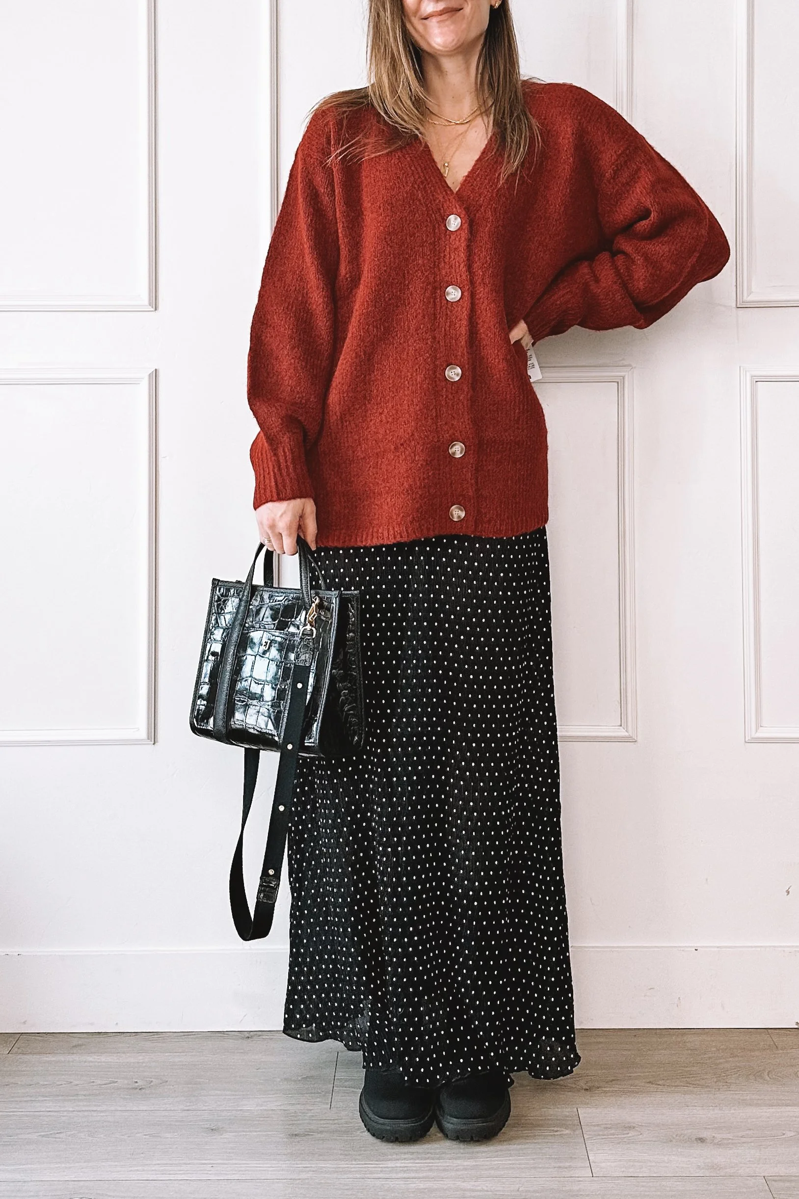 Red Sweater and Polka Dot Skirt: A Cozy but Festive Valentine’s Day Outfit