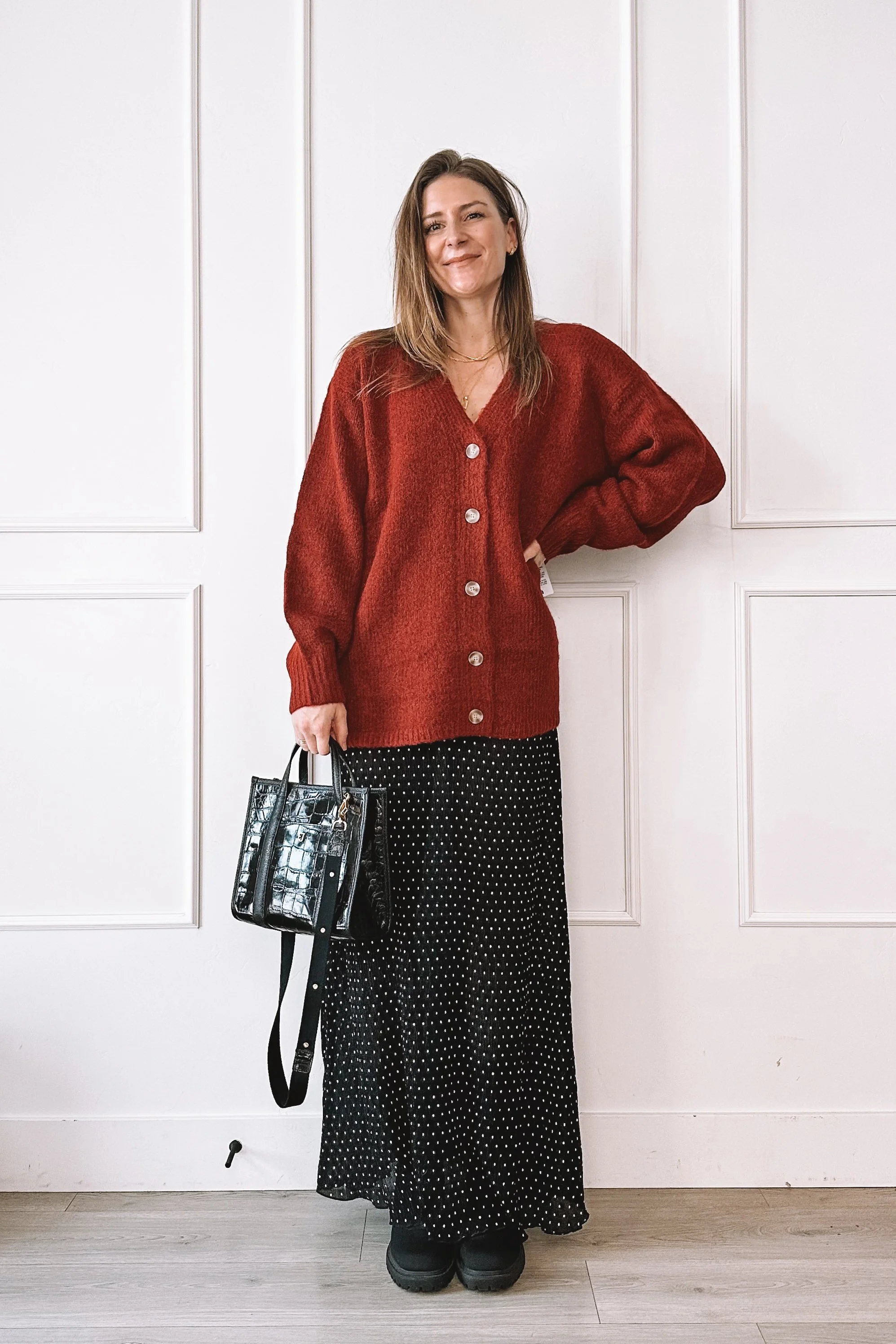 Red Polka Dot Skirt with Red Sweater - Valentine’s Day Outfit Idea