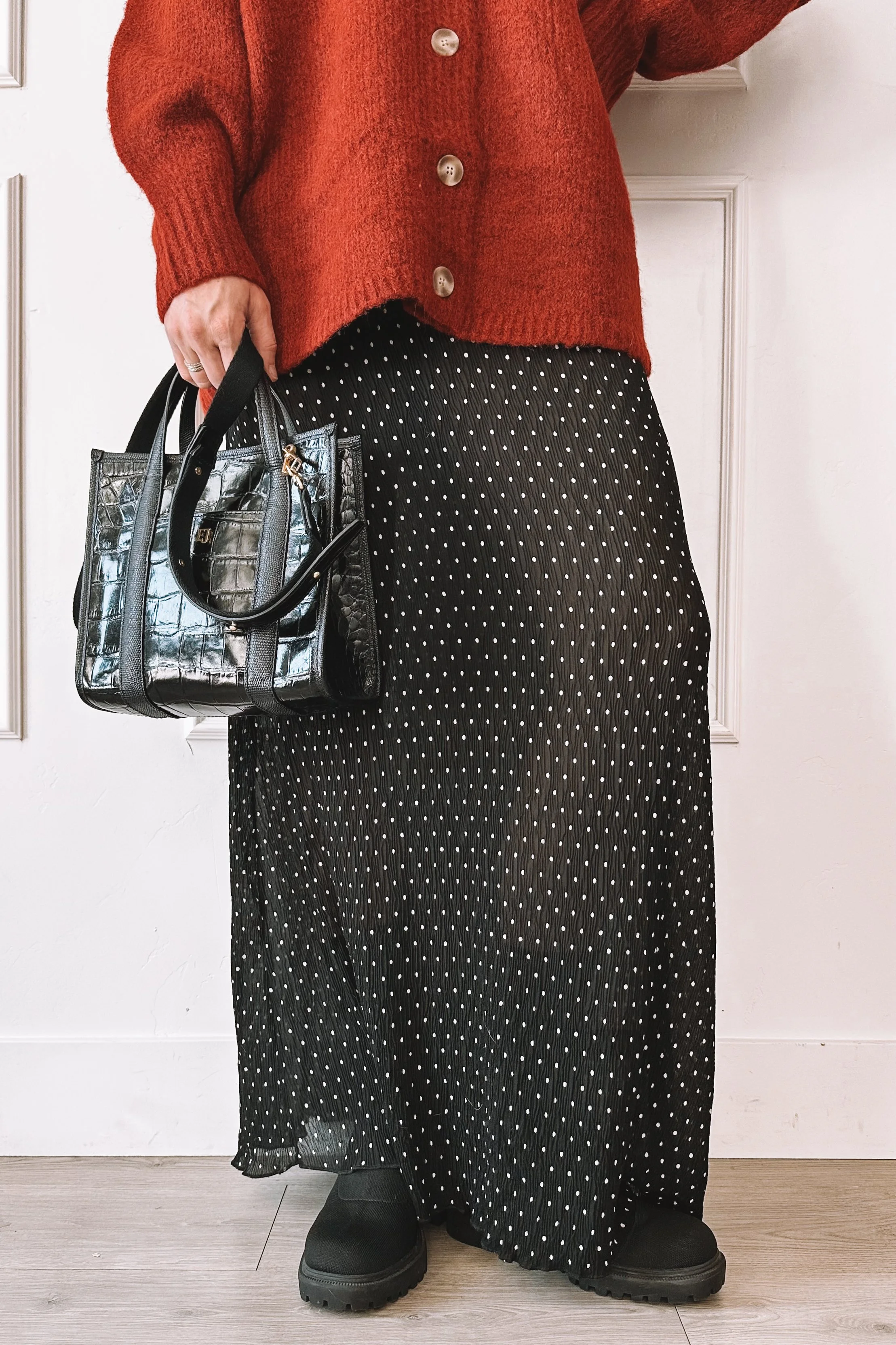 Red Polka Dot Skirt with Red Sweater - Valentine’s Day Outfit Idea