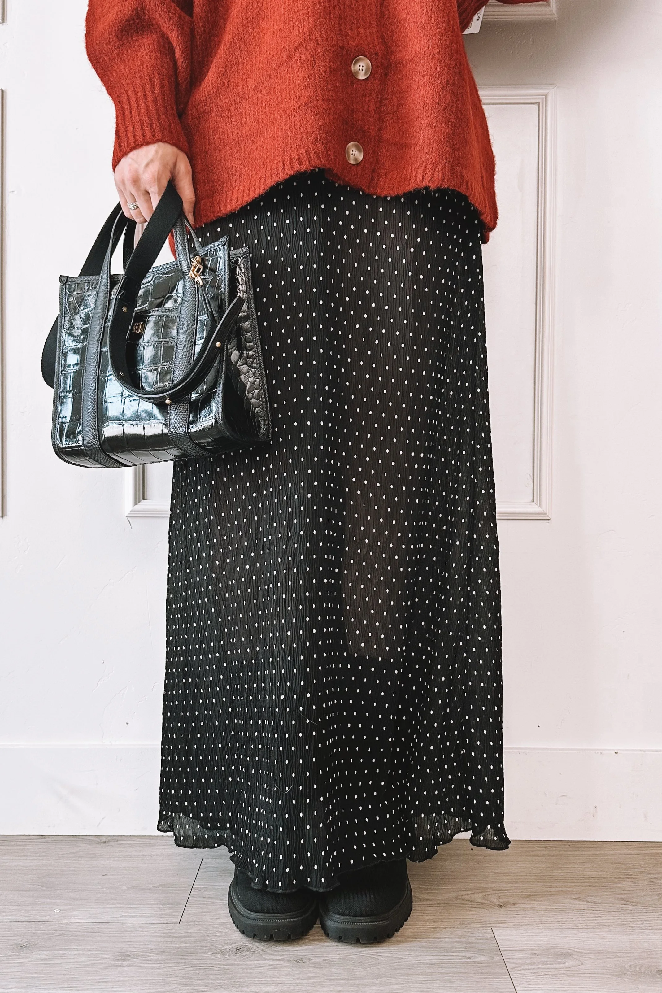 Red Polka Dot Skirt with Red Sweater - Valentine’s Day Outfit Idea