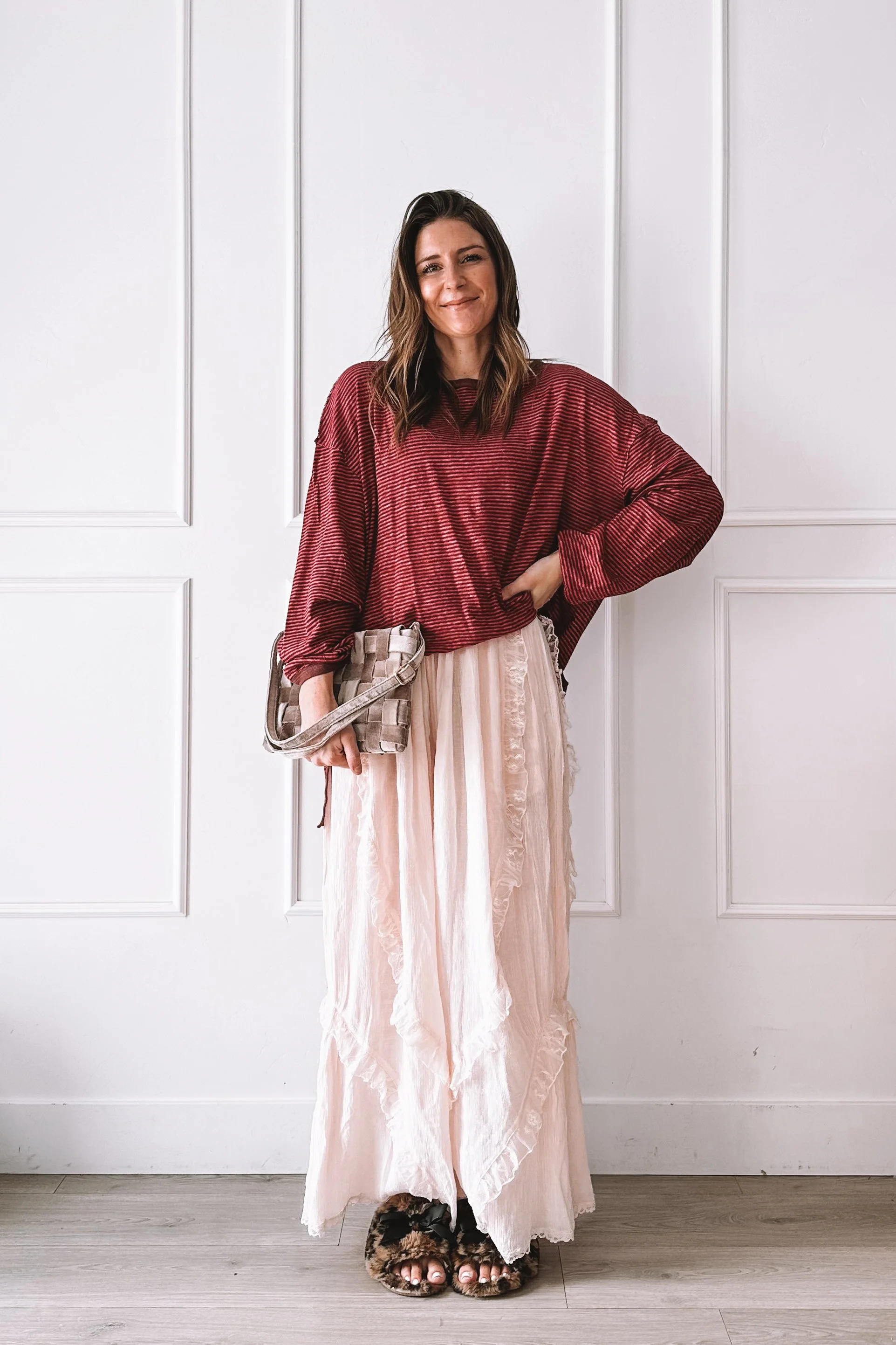 Pink Wide Leg Pajama Pants and Berry Striped Oversized Shirt - Valentine's Day Outfit for Girl's Night In