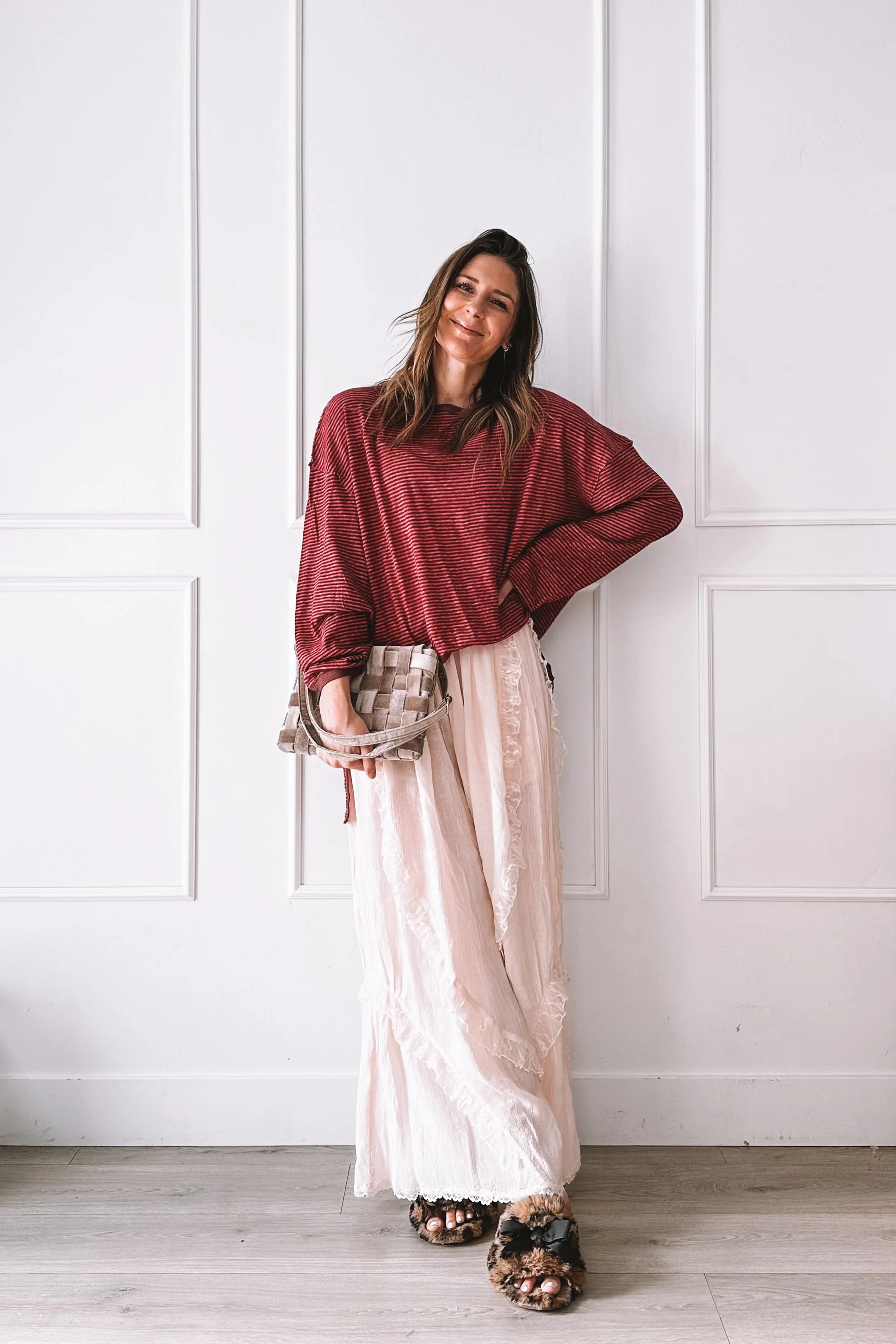 Pink Wide Leg Pajama Pants and Berry Striped Oversized Shirt - Valentine's Day Outfit for Girl's Night In