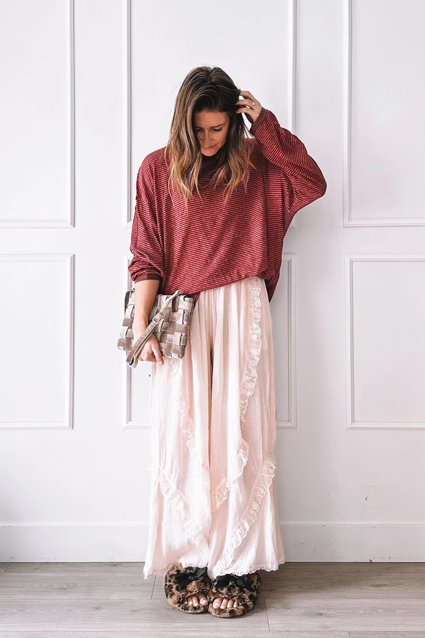 Pink Wide Leg Pajama Pants and Berry Striped Oversized Shirt - Valentine's Day Outfit for Girl's Night In
