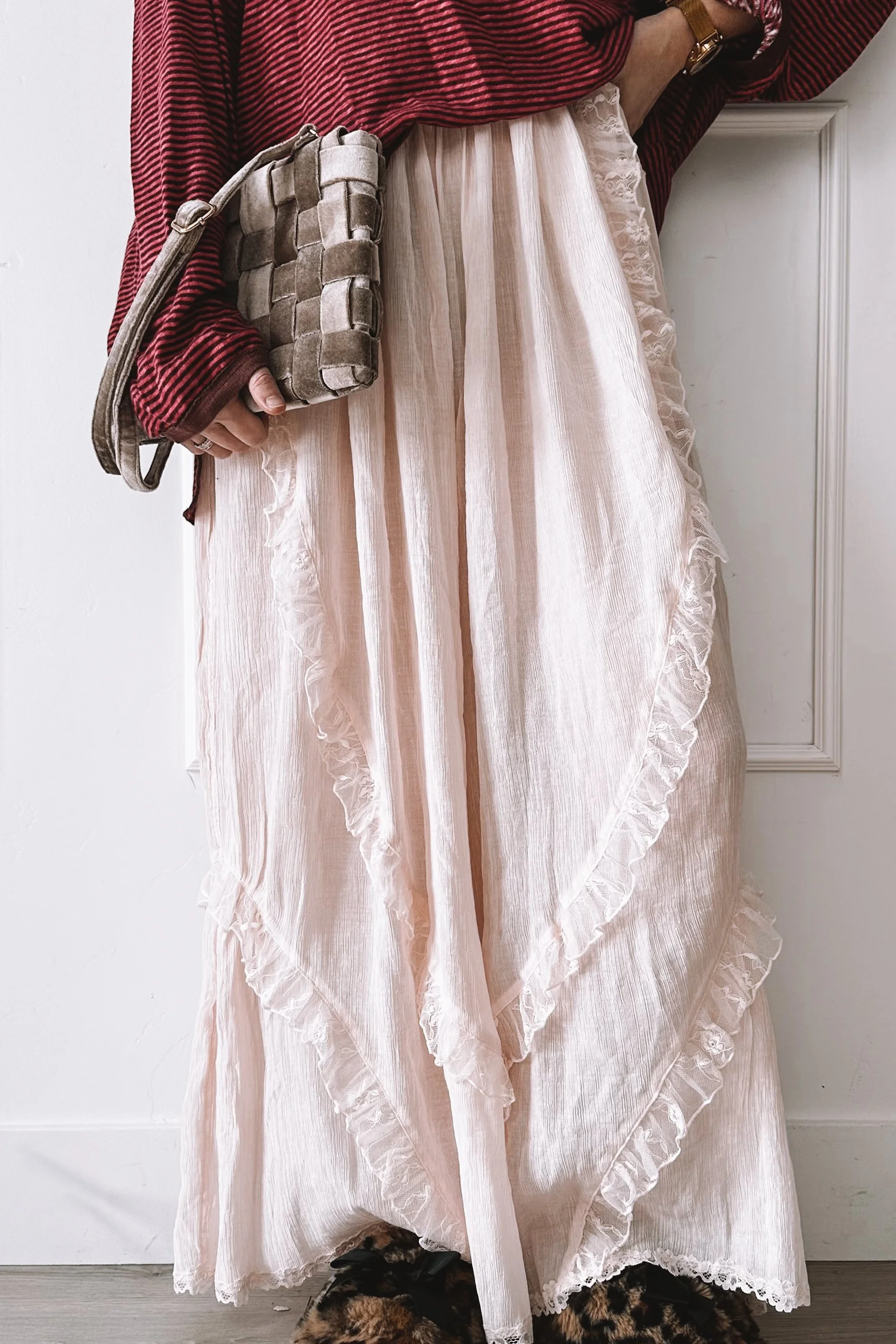 Pink Wide Leg Pajama Pants and Berry Striped Oversized Shirt - Valentine's Day Outfit for Girl's Night In