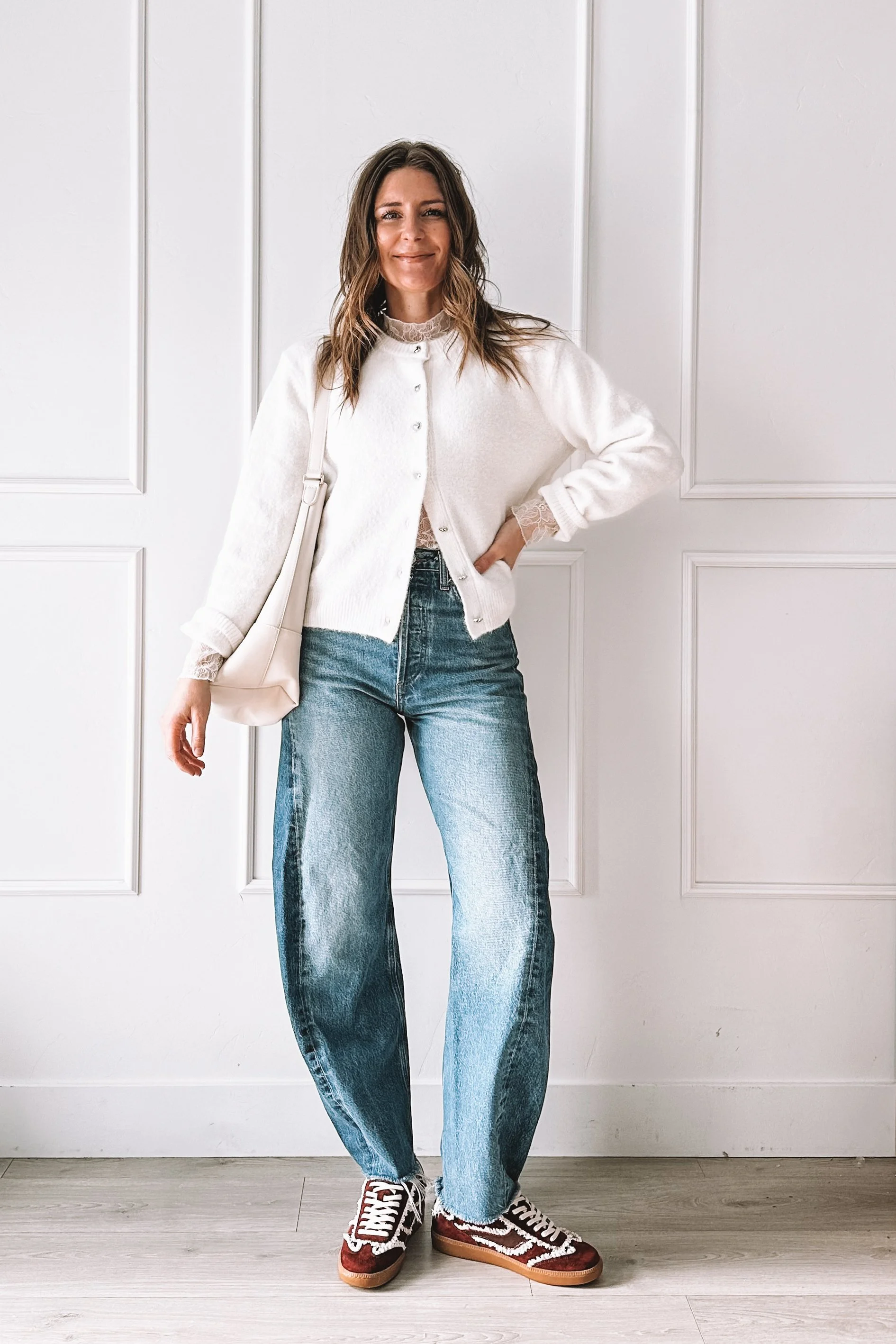 White Cardigan and Red Shoes - Casual Valentine's Day Outfit