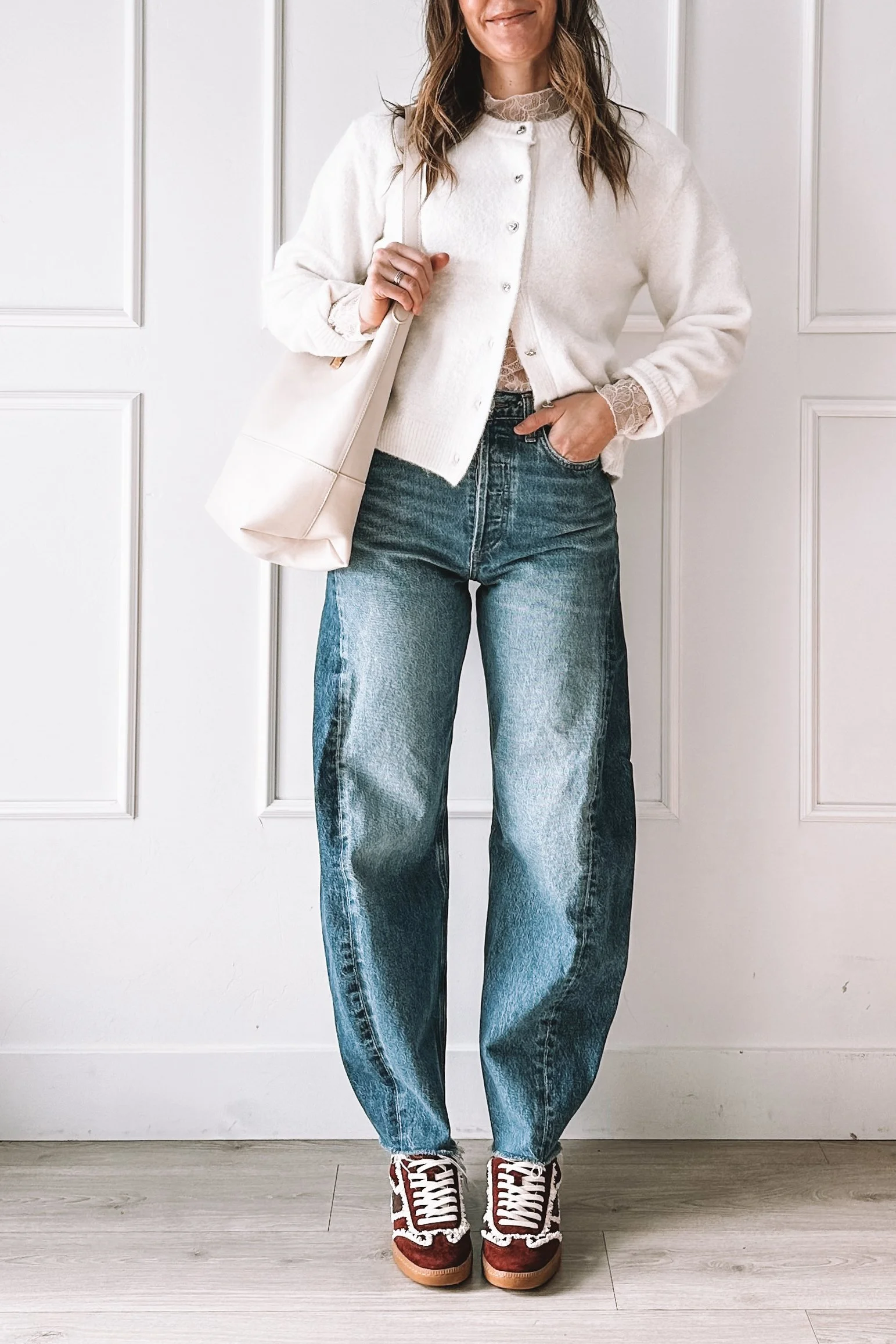 White Cardigan and Red Shoes: A Casual Valentine’s Day Outfit with a Pop of Red