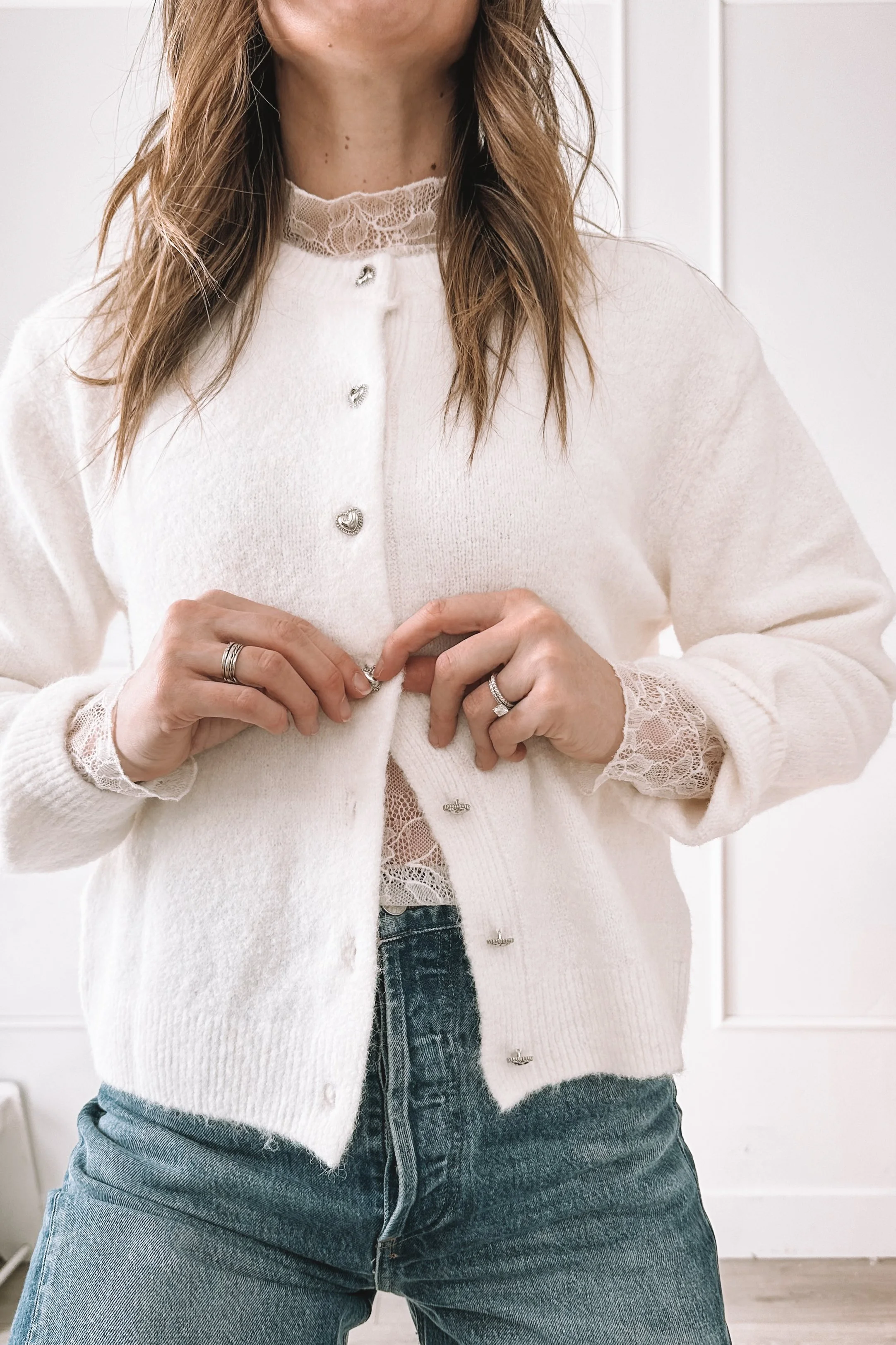 White Cardigan and Red Shoes - Casual Valentine's Day Outfit