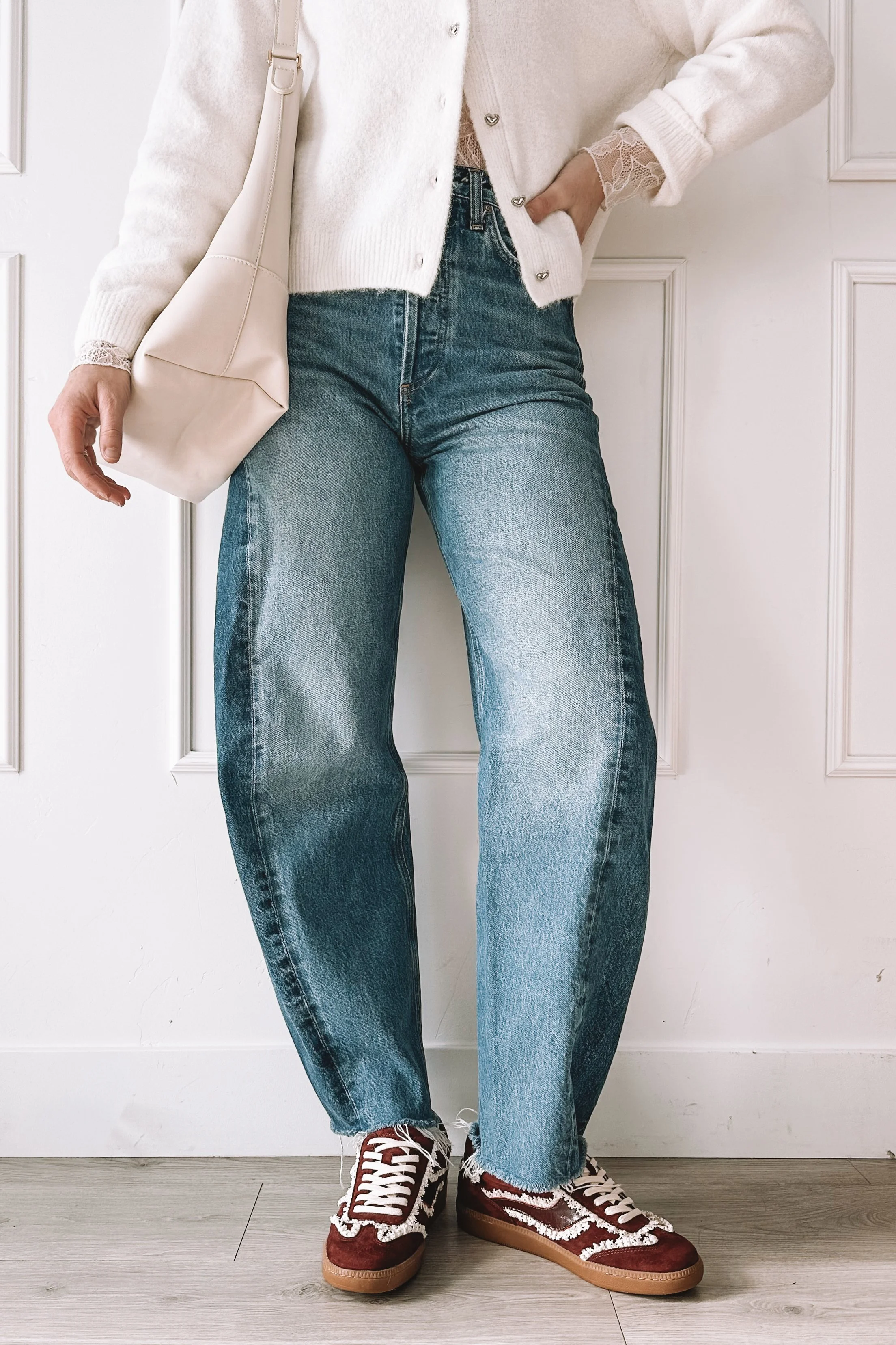White Cardigan and Red Shoes - Casual Valentine's Day Outfit