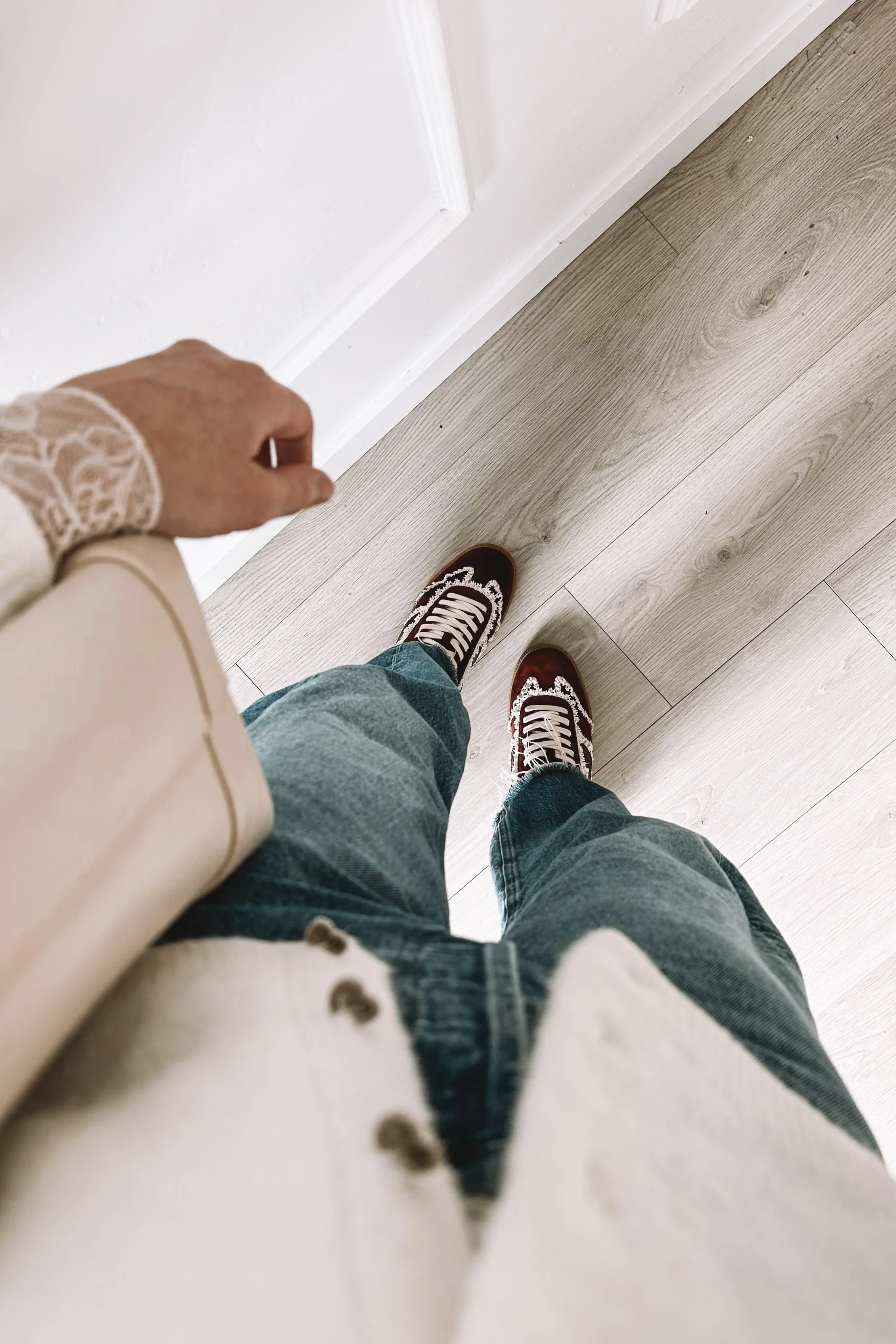 White Cardigan and Red Shoes - Casual Valentine's Day Outfit