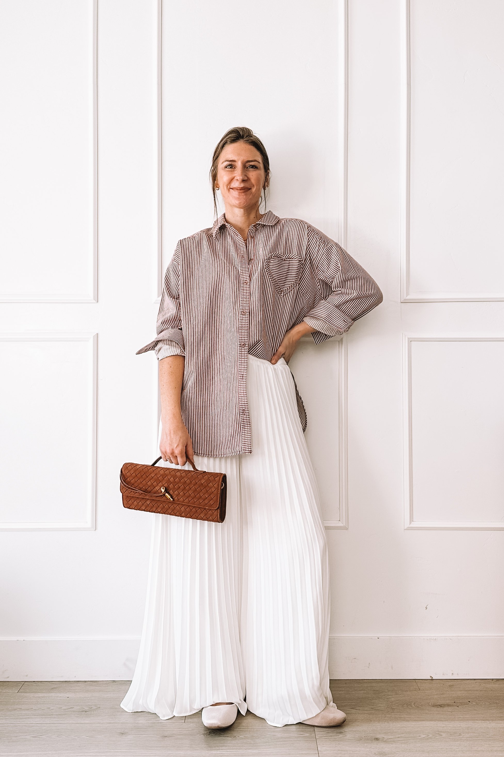 Striped Shirt White Flowy Pants - Casual Valentine's Day Outfit