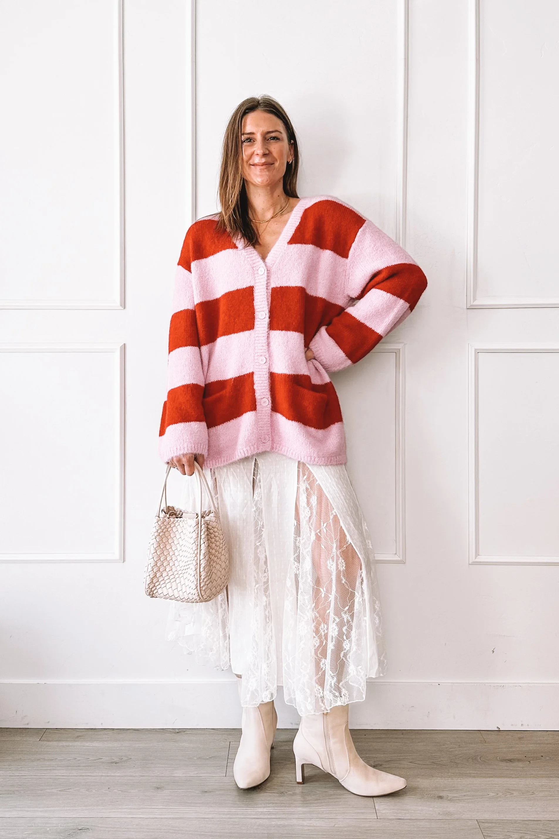 Striped Pink and Red Cardigan White Skirt - Valentine's Day Outfit