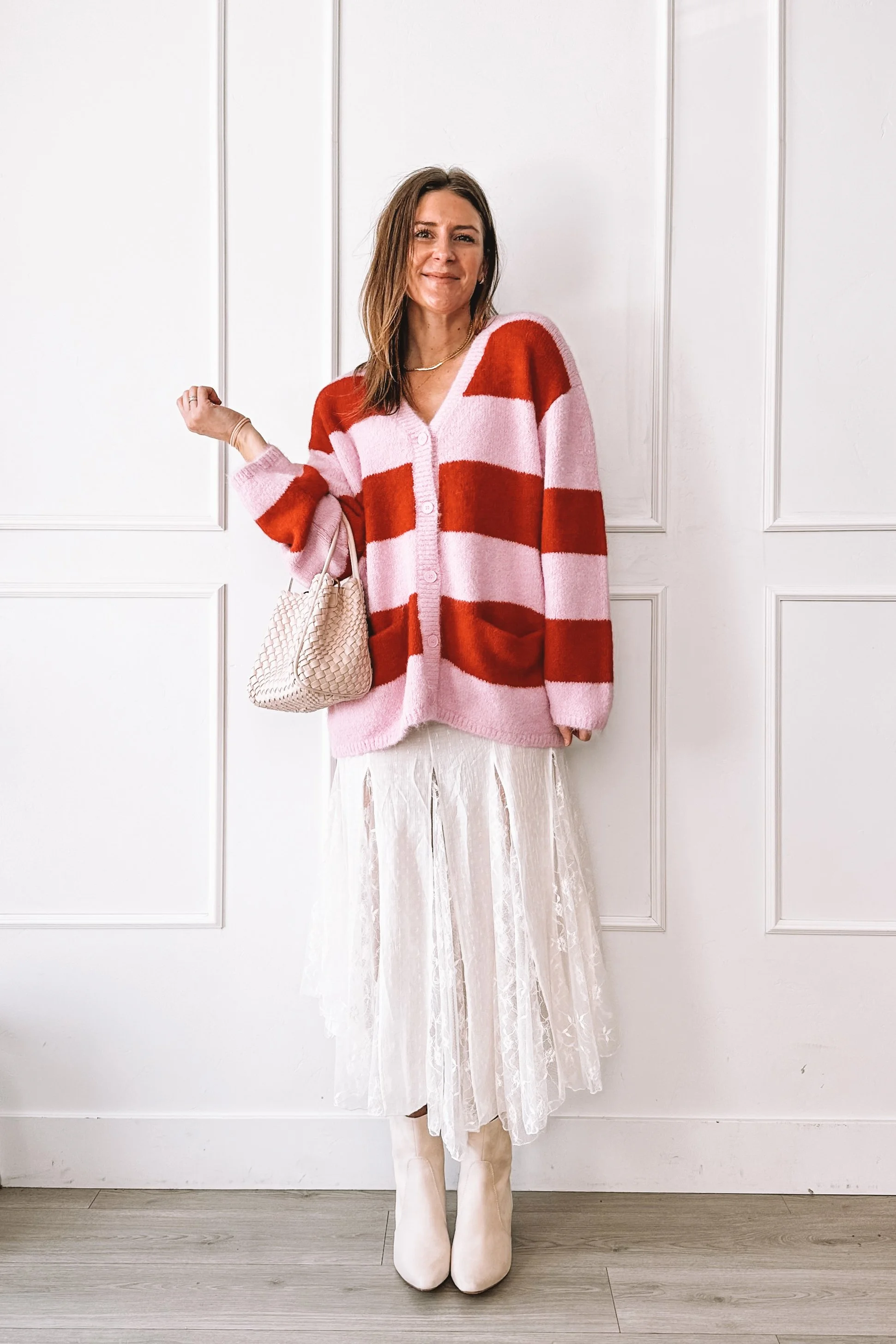 Striped Pink and Red Cardigan White Skirt - Valentine's Day Outfit
