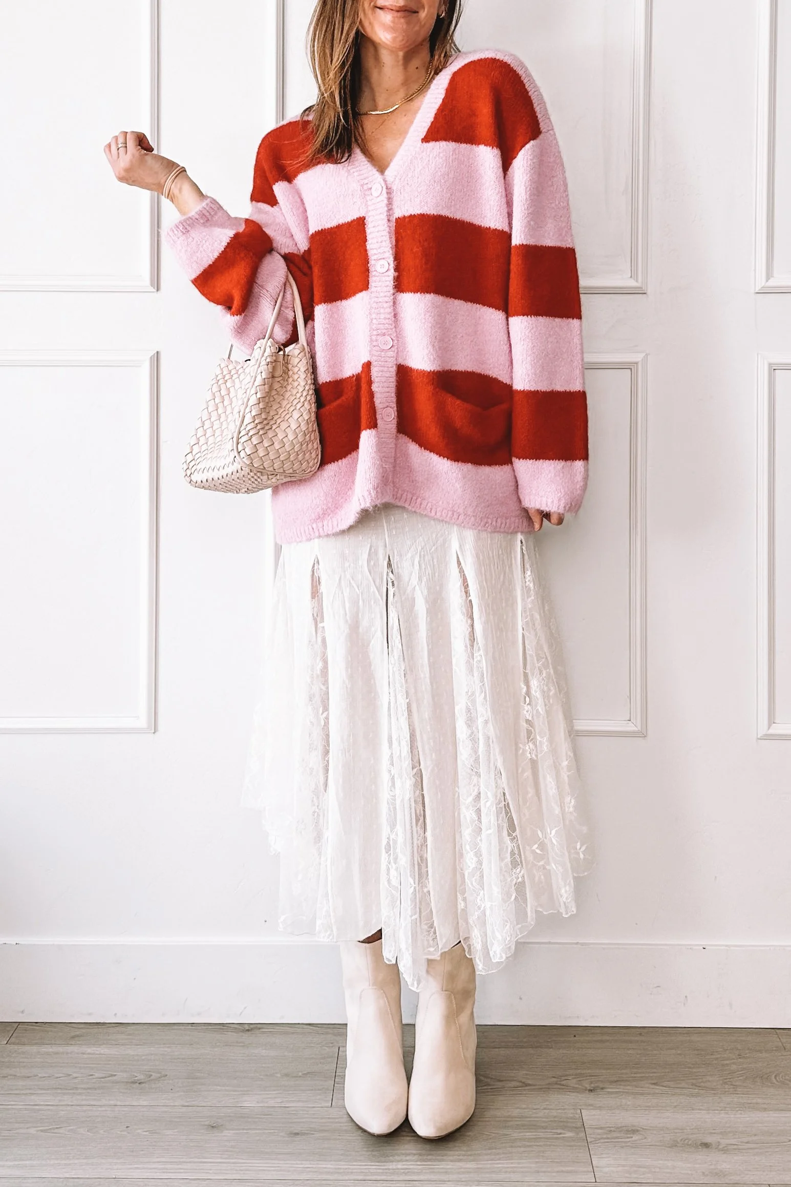 Striped Pink and Red Cardigan with a White Skirt: An Extra Festive but Comfy Valentine’s Day Outfit