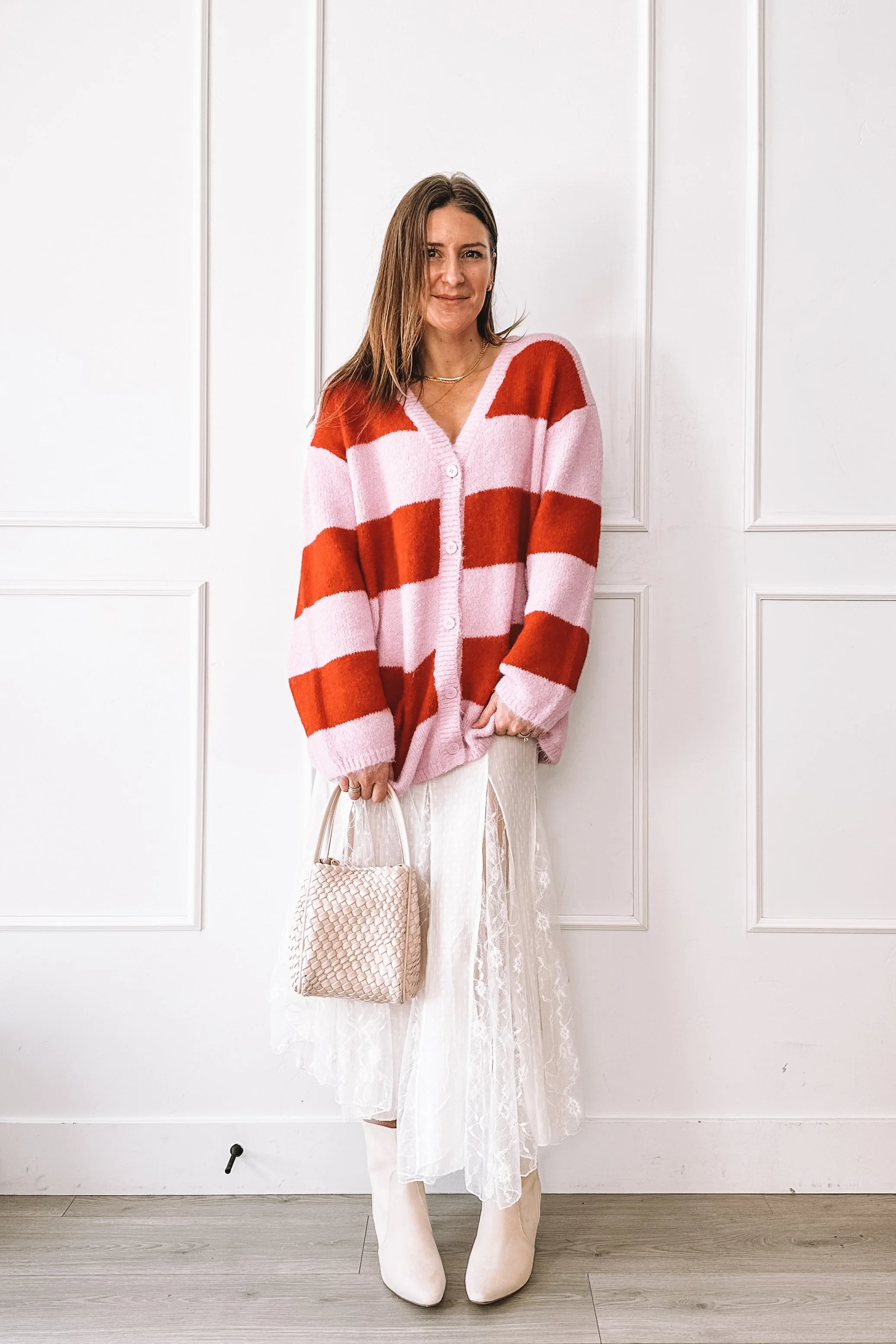 Striped Pink and Red Cardigan White Skirt - Valentine's Day Outfit