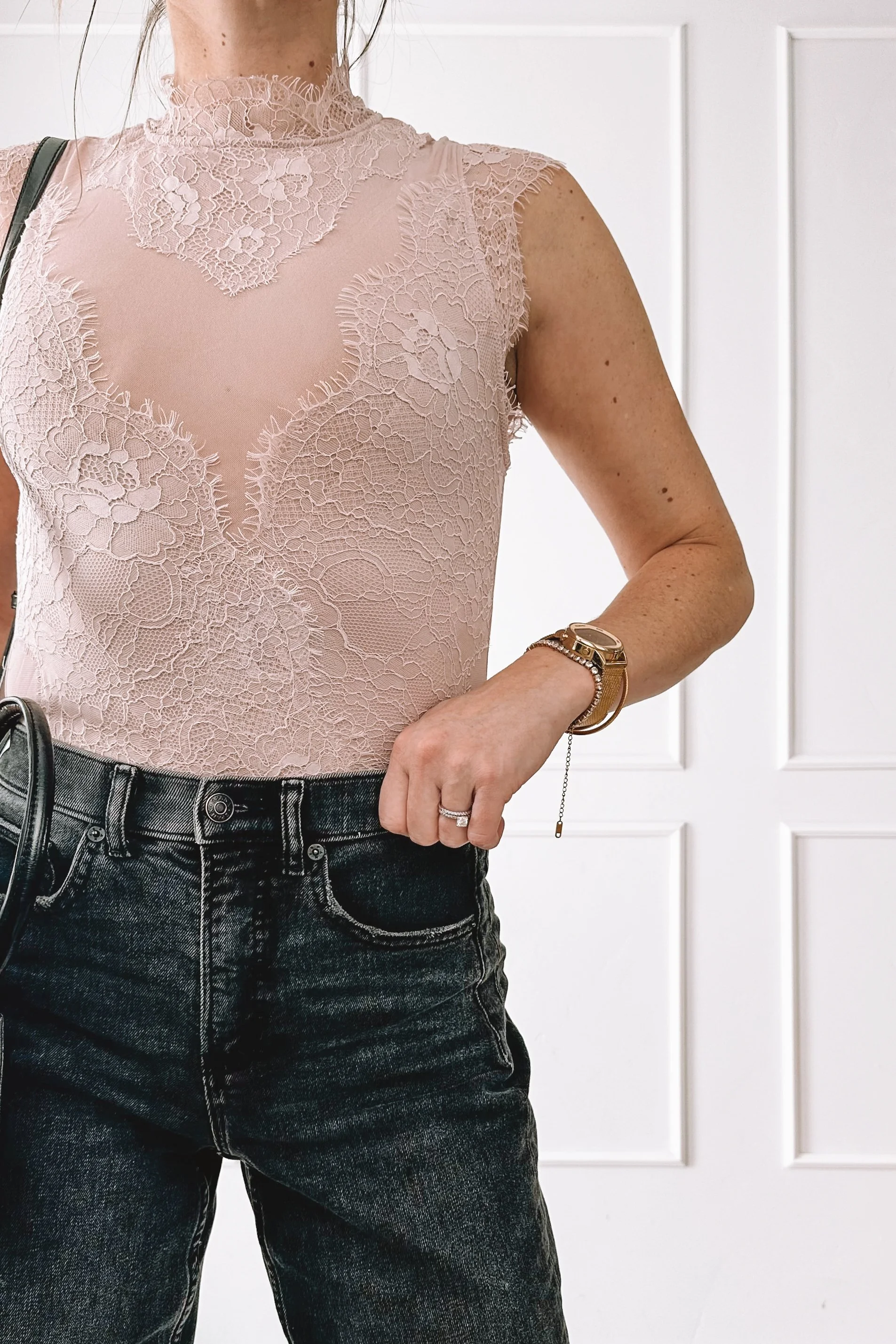Light Pink Lace Tank with Black Jeans - Valentine's Day Outfit