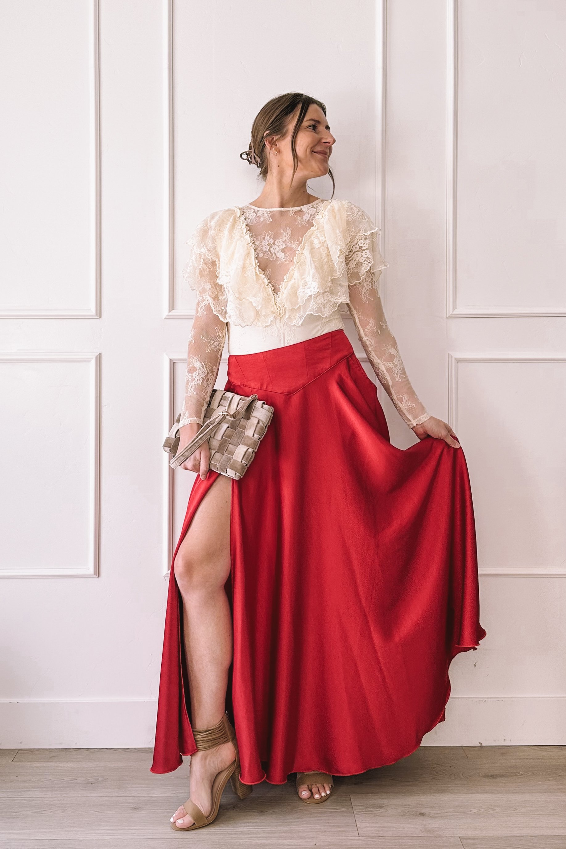 Ivory Lace Top Red Maxi Skirt Valentine's Day Outfit