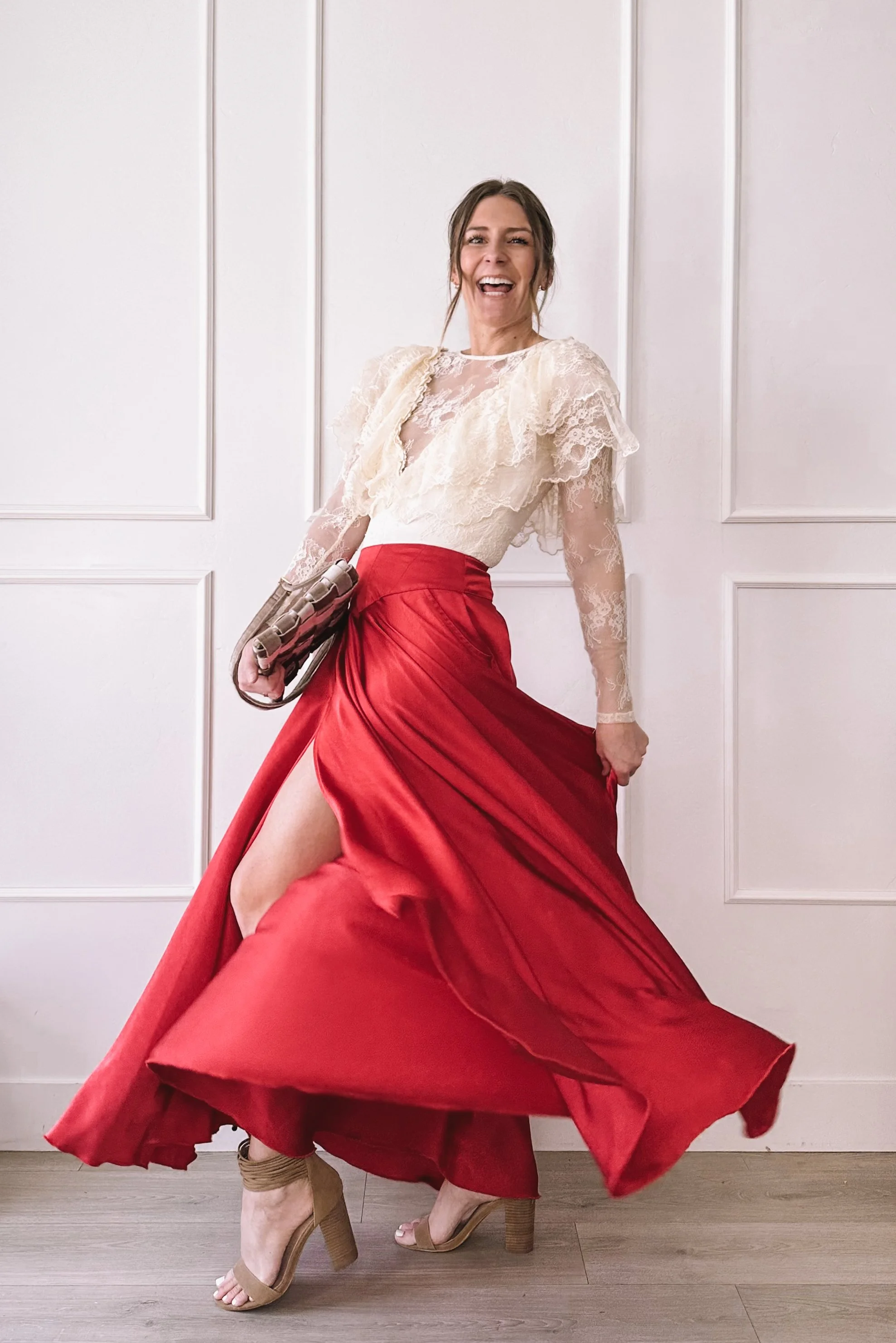 Ivory Lace Top Red Maxi Skirt Valentine's Day Outfit