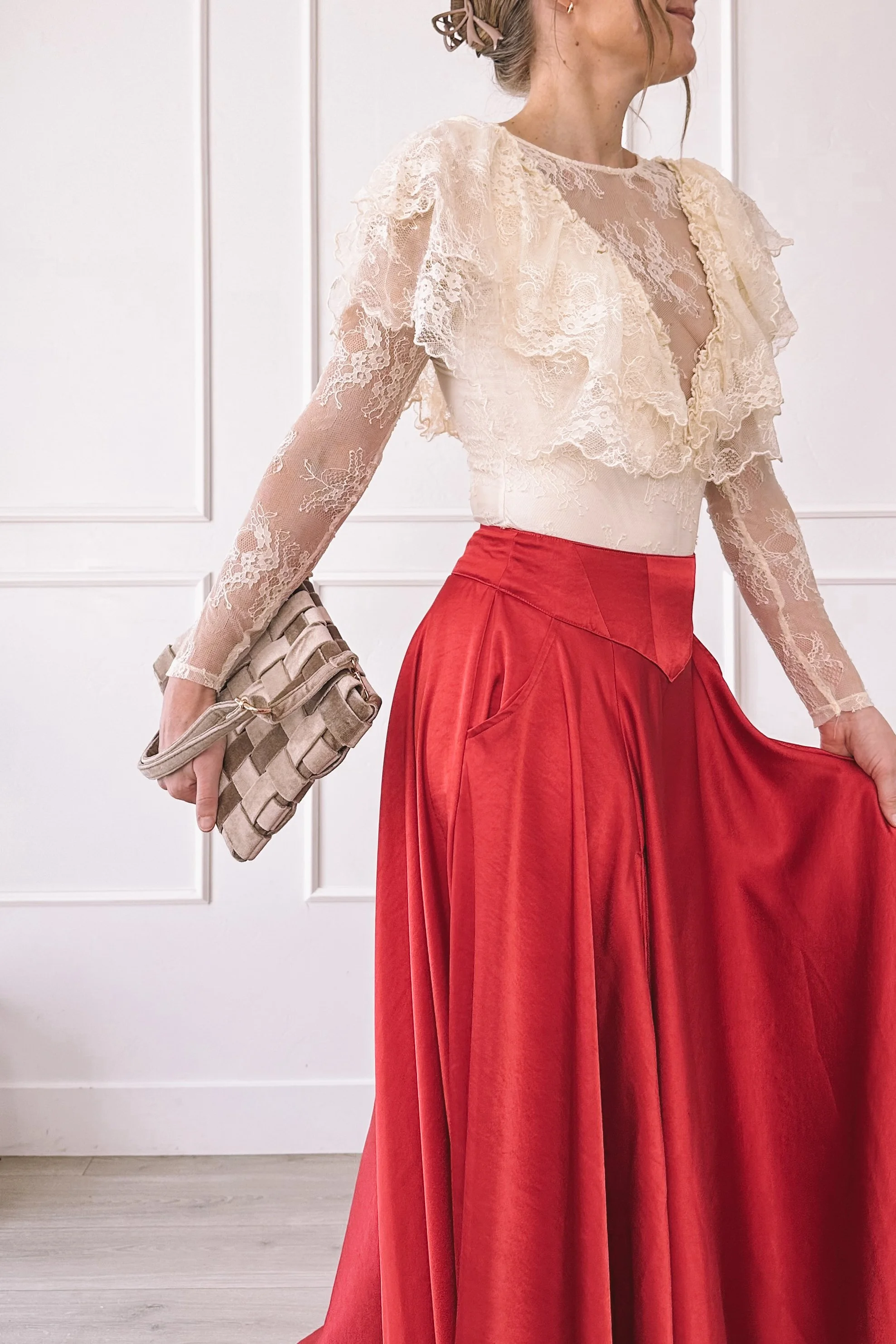 Ivory Lace Top Red Maxi Skirt Valentine's Day Outfit