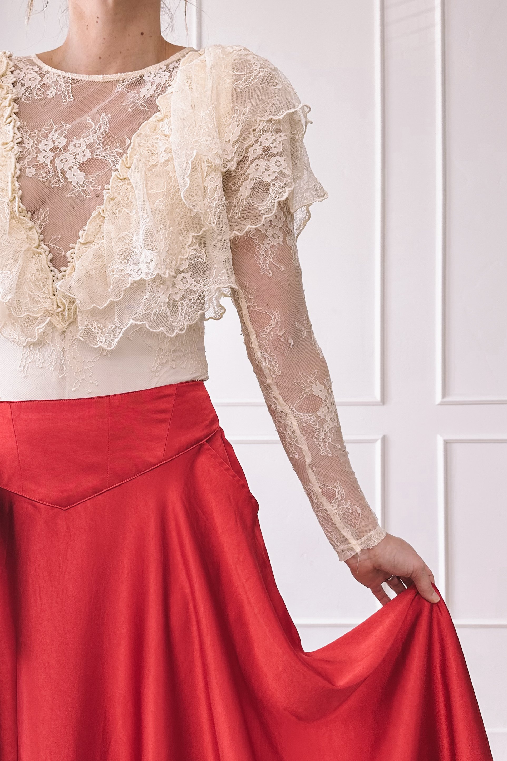 Ivory Lace Top Red Maxi Skirt Valentine's Day Outfit