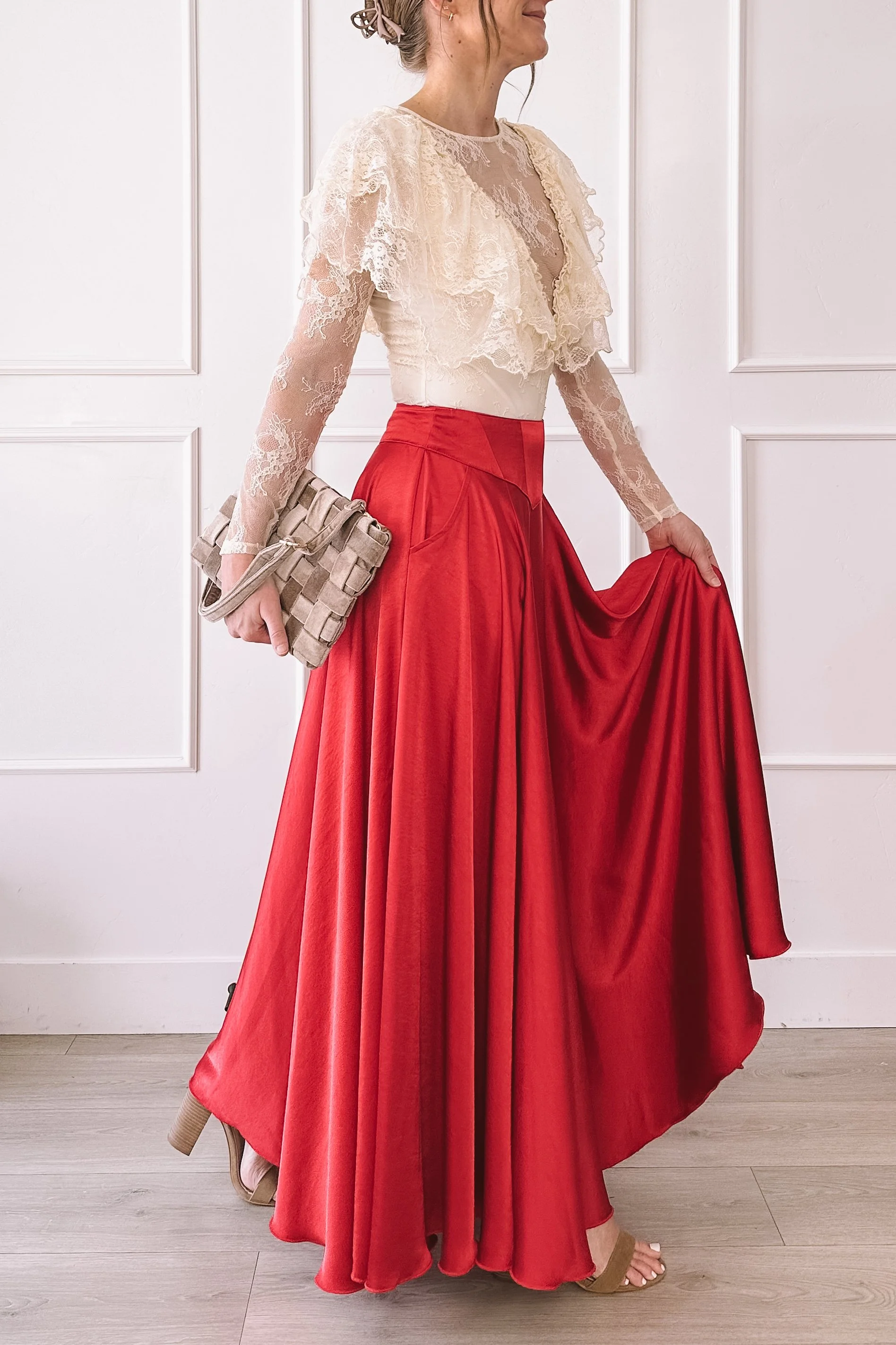 Ivory Lace Top Red Maxi Skirt Valentine's Day Outfit