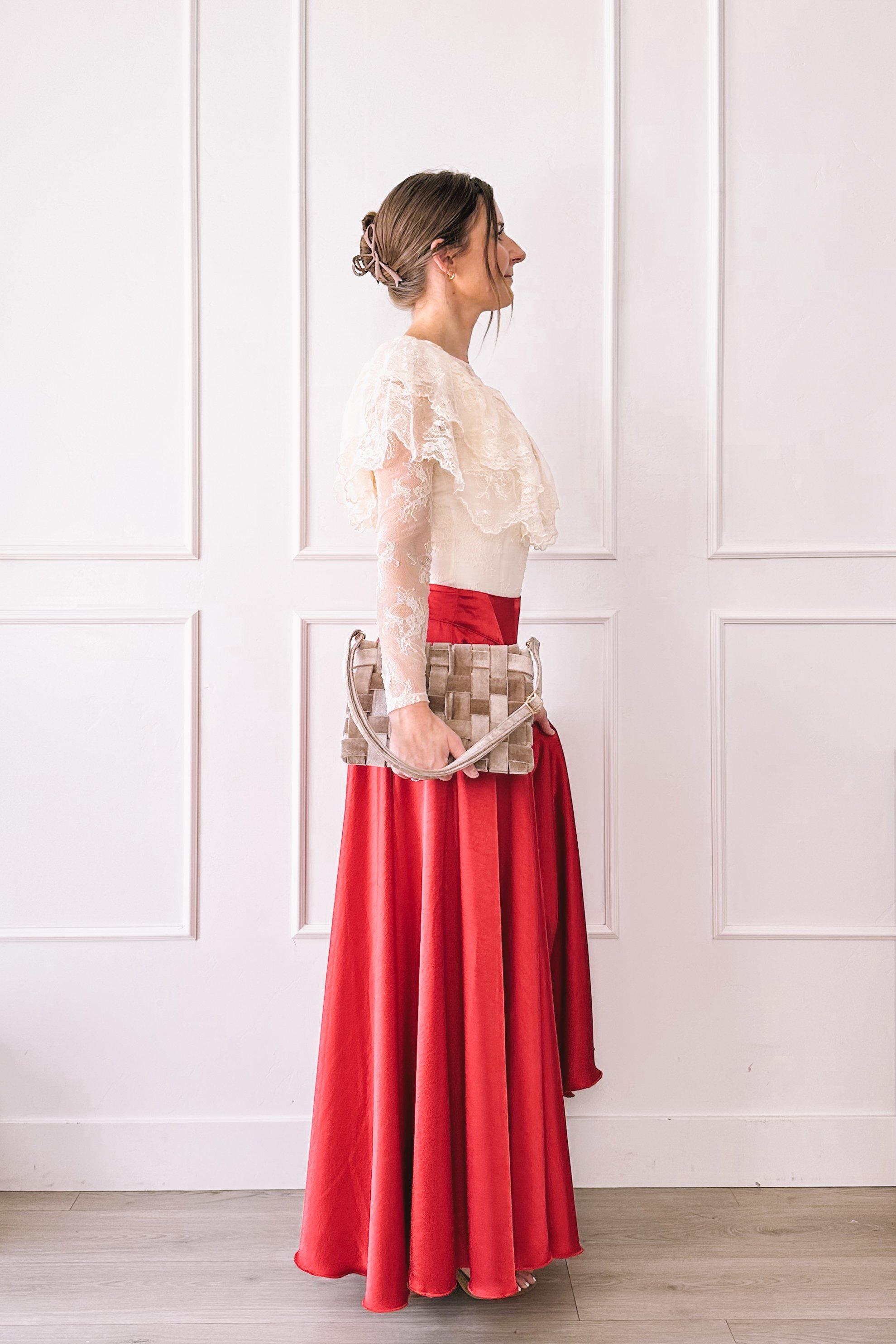Ivory Lace Top Red Maxi Skirt Valentine's Day Outfit