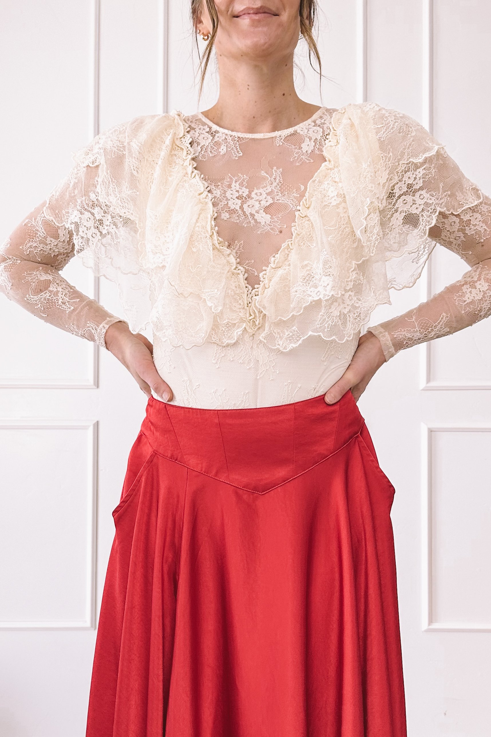 Ivory Lace Top Red Maxi Skirt Valentine's Day Outfit