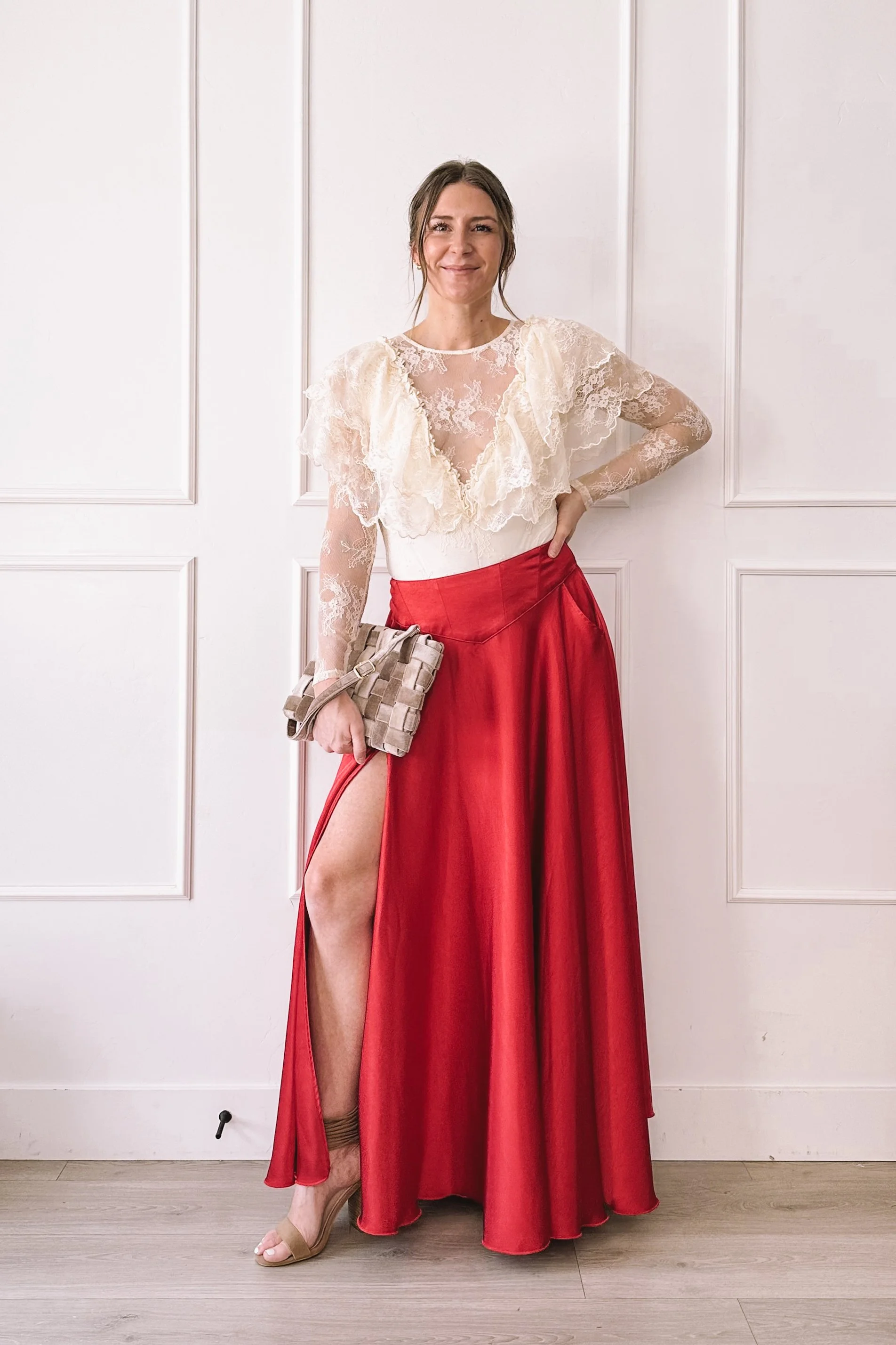 Ivory Lace Top Red Maxi Skirt Valentine's Day Outfit