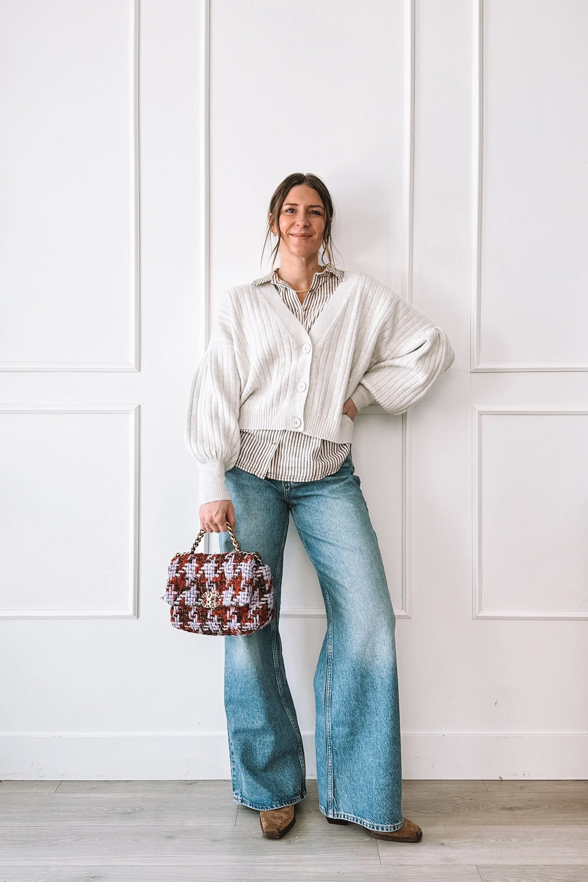 Layered Everyday Outfit Cardigan Jeans Designer Bag Rental