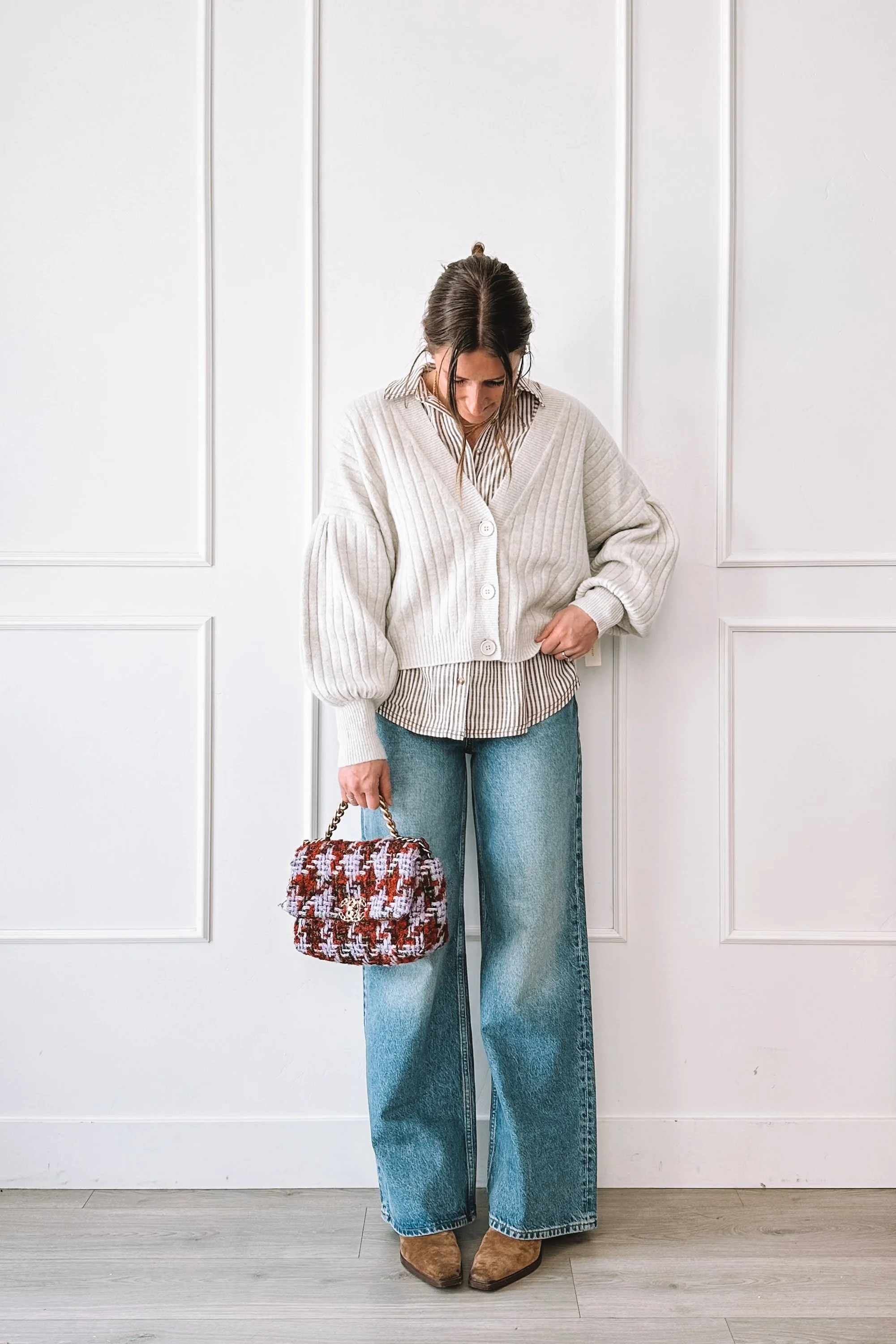 Layered Everyday Outfit Cardigan Jeans Designer Bag Rental