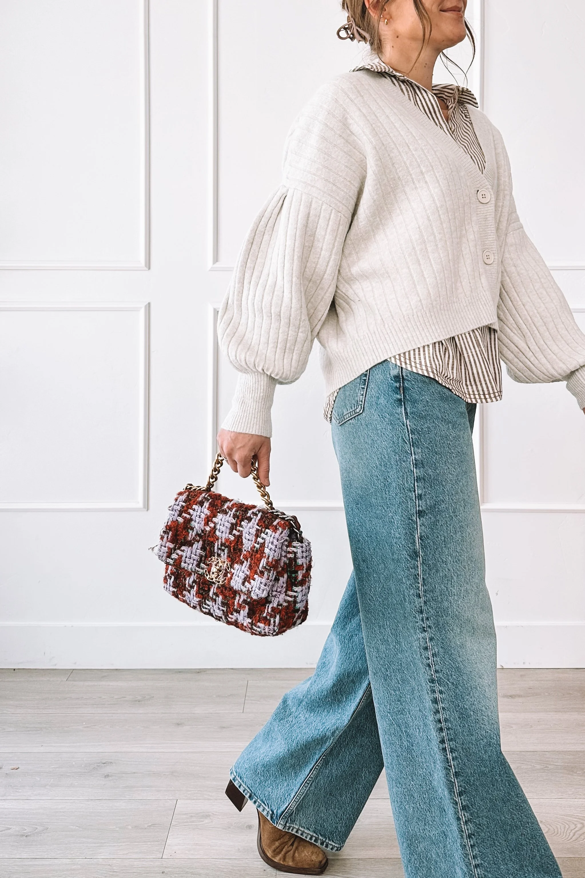 Layered Everyday Outfit Cardigan Jeans Designer Bag Rental