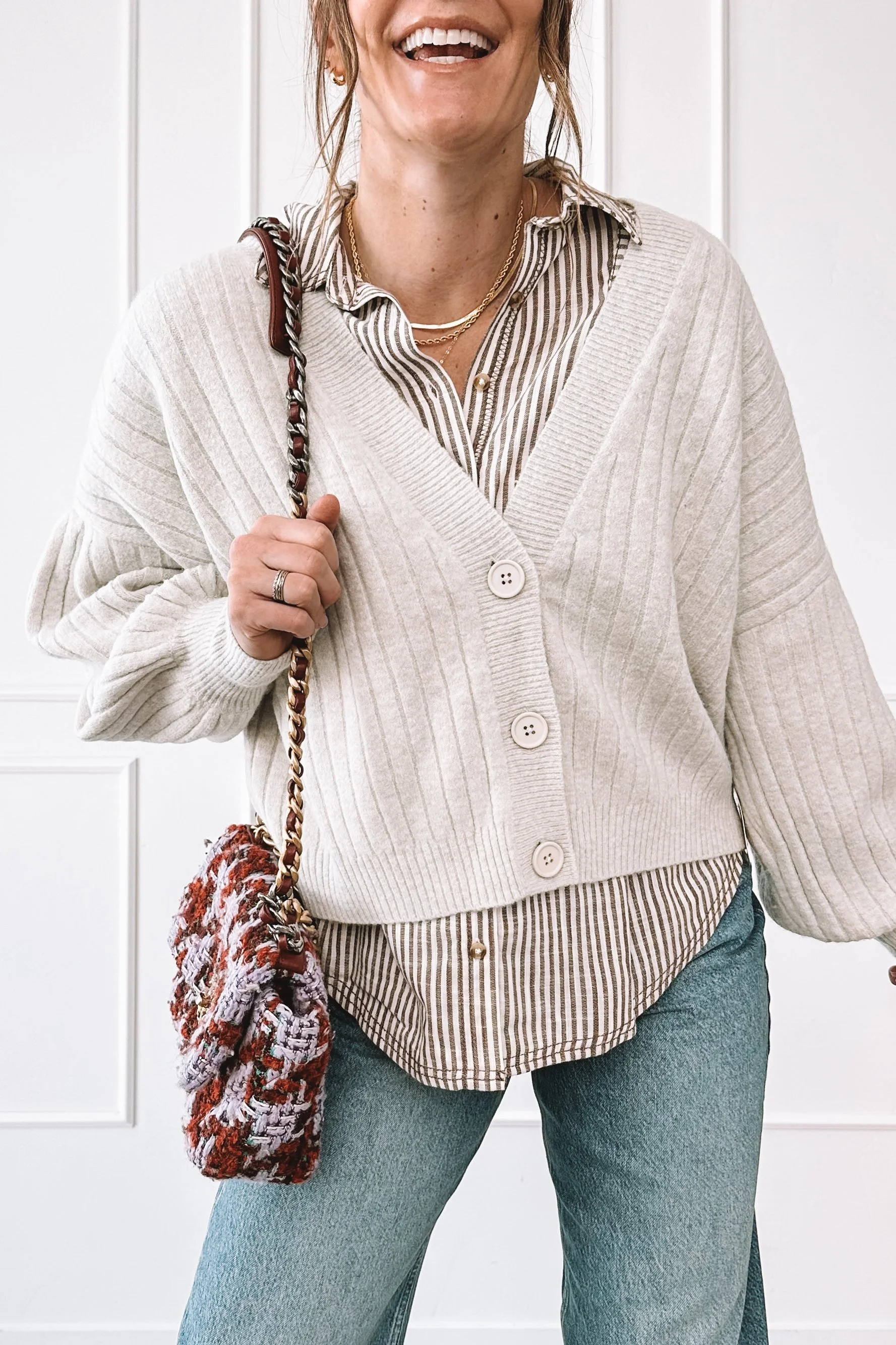 Layered Everyday Outfit Cardigan Jeans Designer Bag Rental