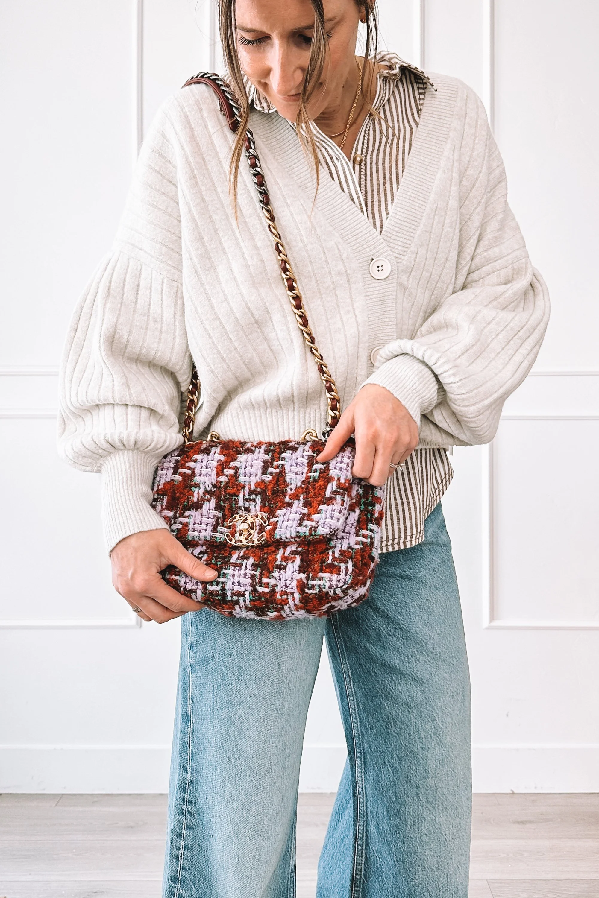 Layered Everyday Outfit Cardigan Jeans Designer Bag Rental