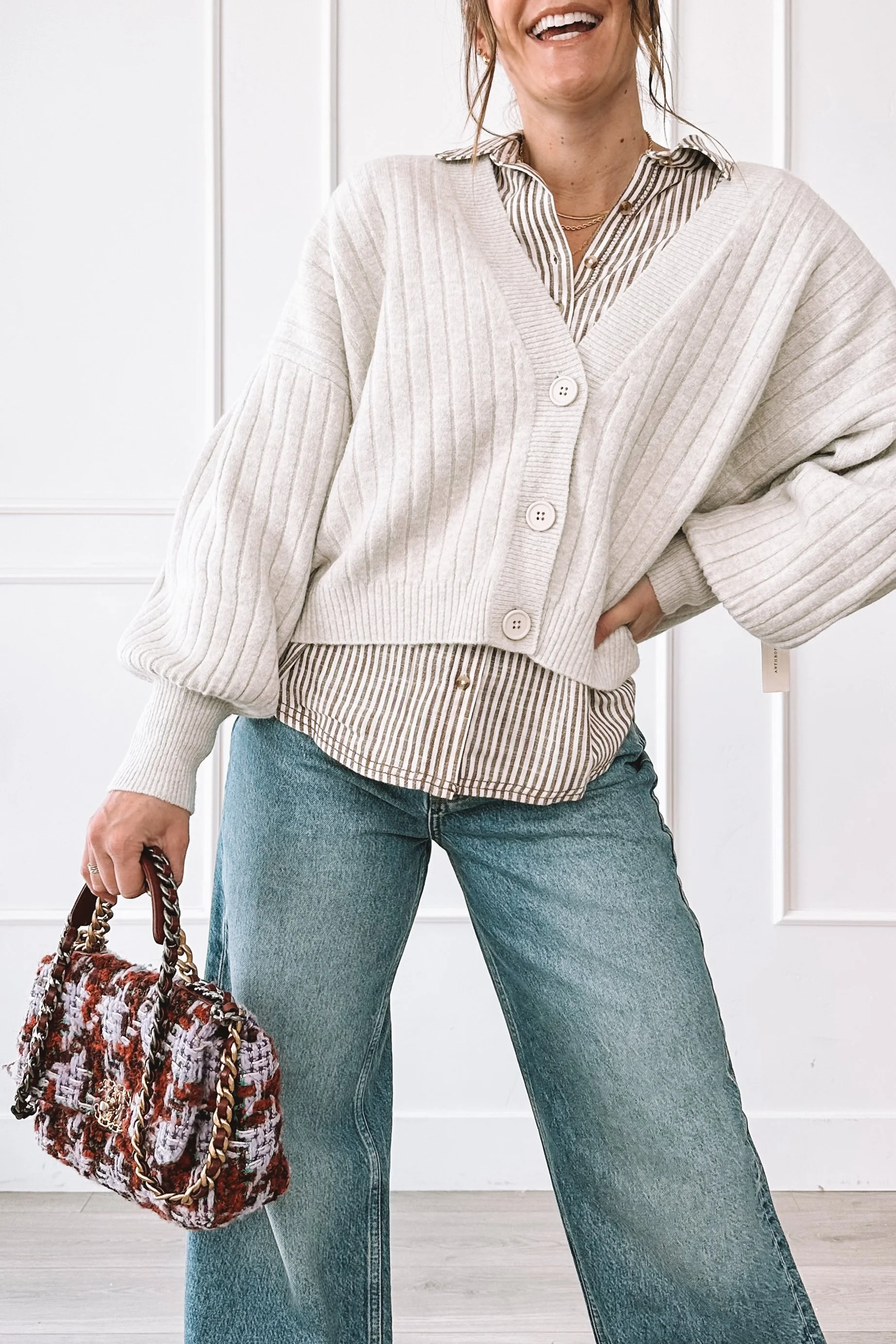 Layered Everyday Outfit Cardigan Jeans Designer Bag Rental