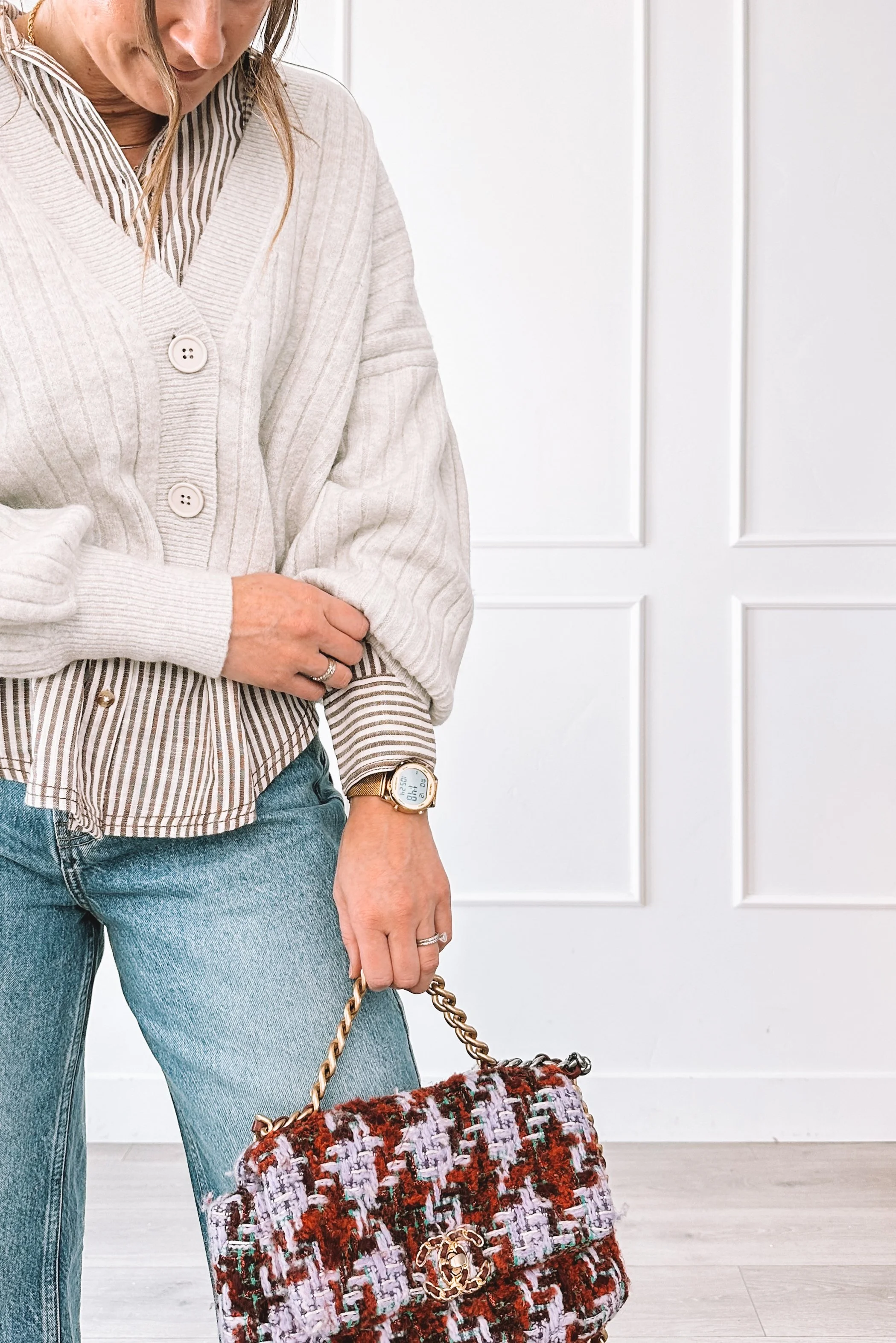 Layered Everyday Outfit Cardigan Jeans Designer Bag Rental