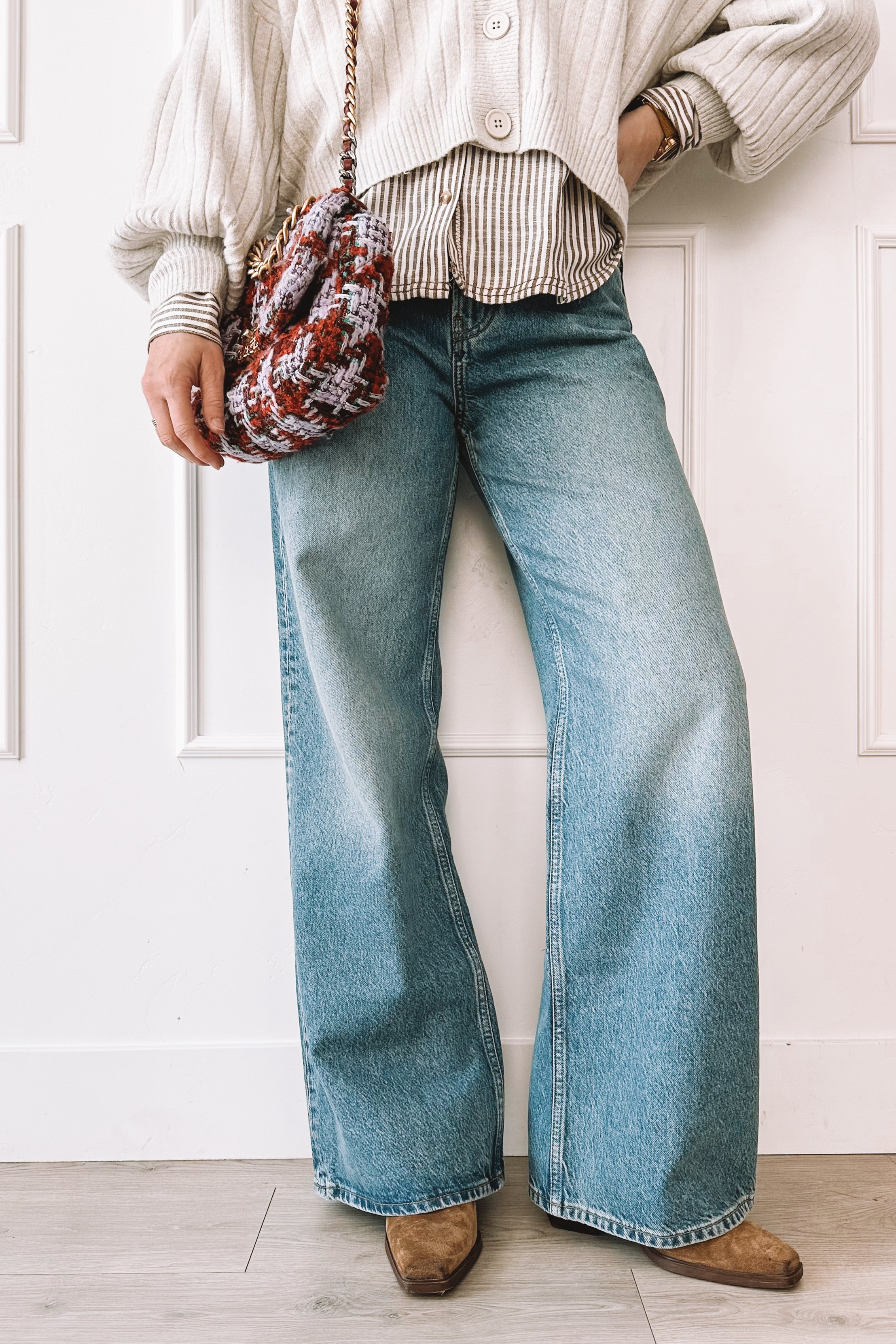 Layered Everyday Outfit Cardigan Jeans Designer Bag Rental