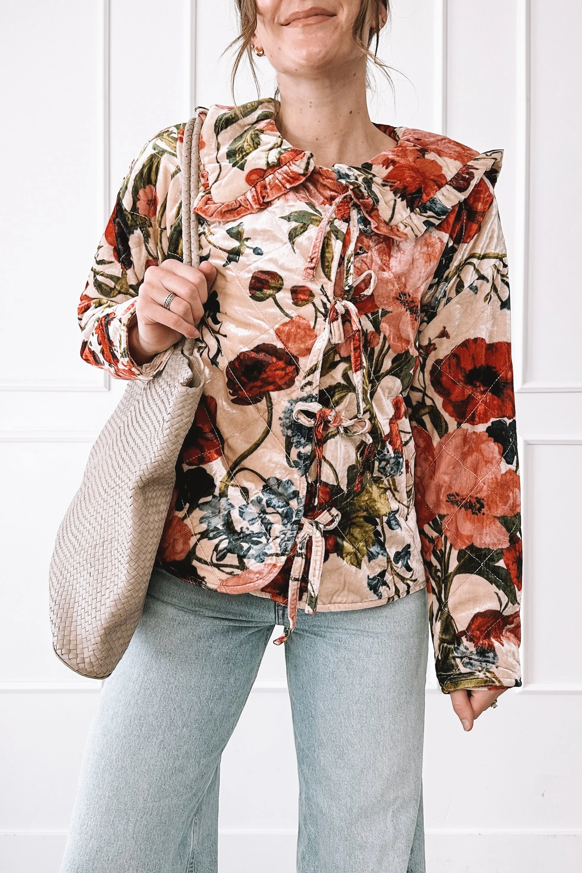 Easy everyday mom outfit with floral blouse and wide leg jeans