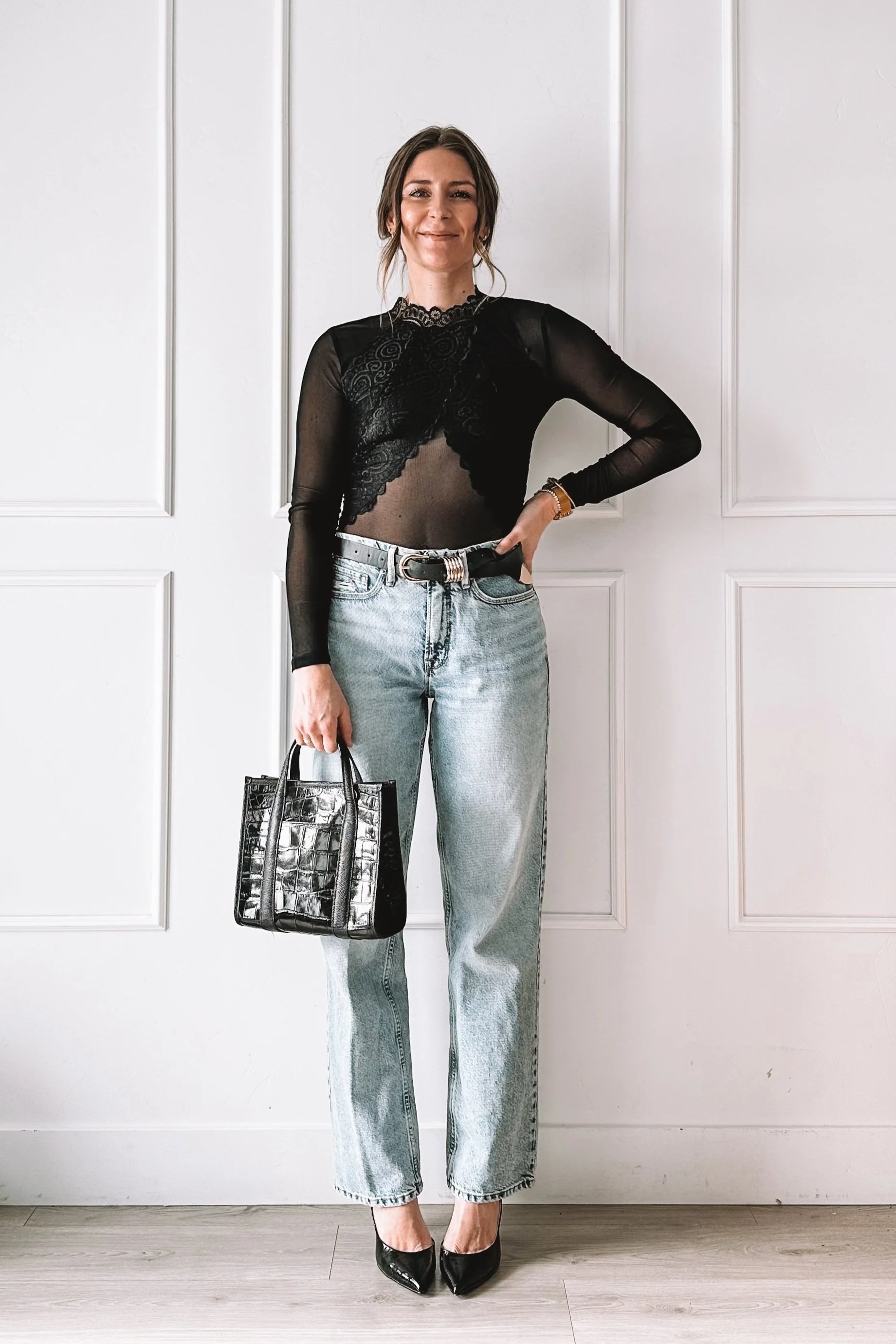 Black Lace Top and Jeans - Valentine's Day Outfit