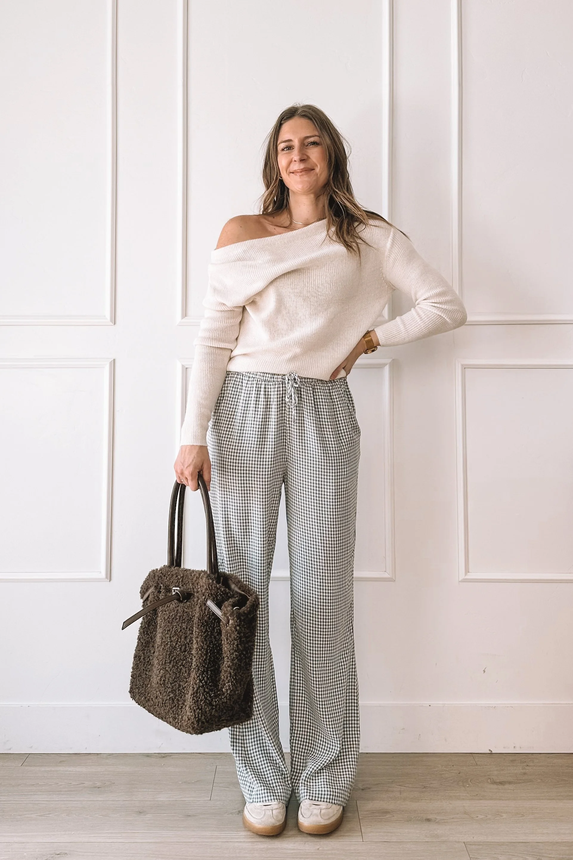 Comfy but put together everyday outfit with off the shoulder top