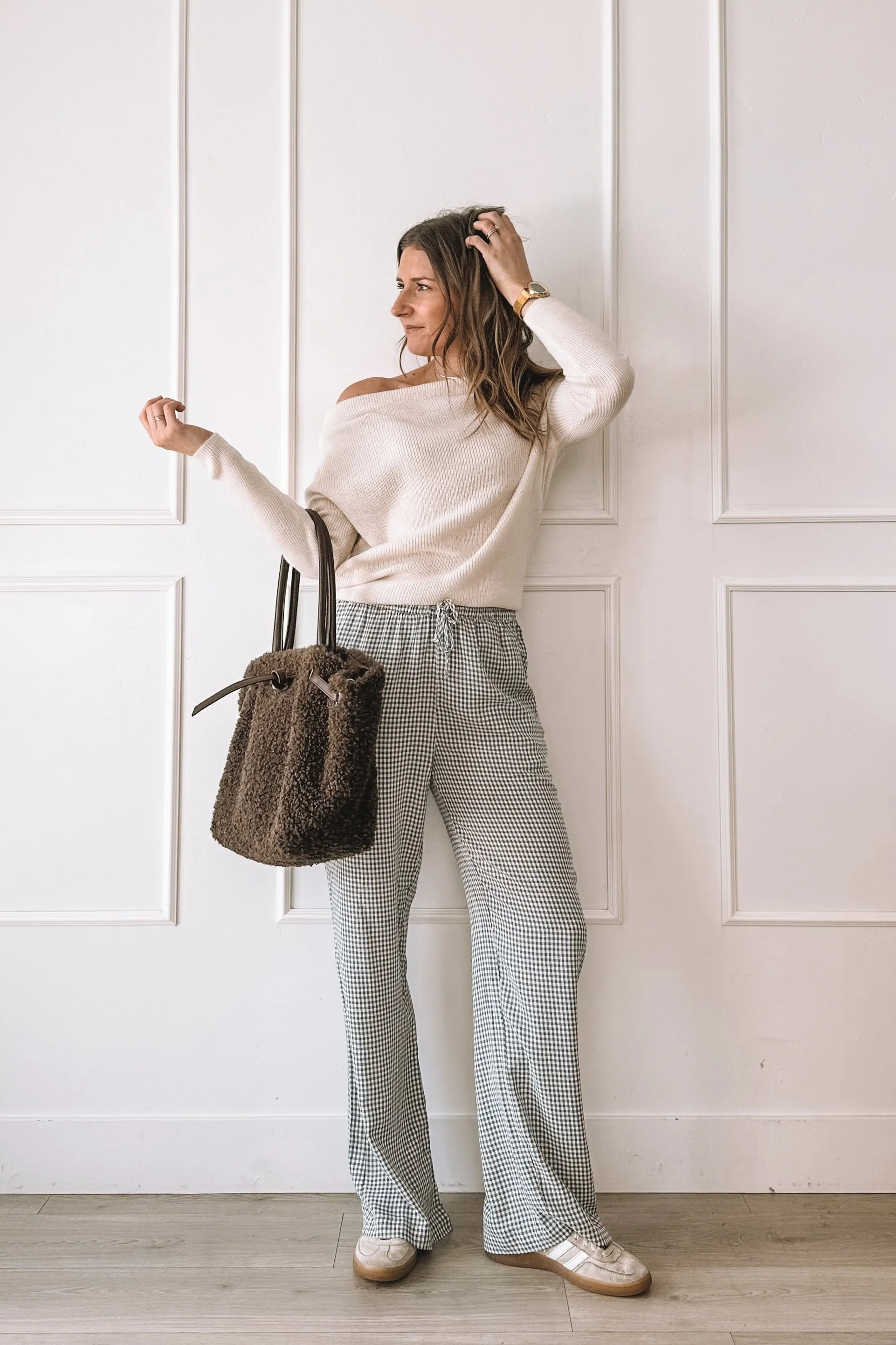 Comfy but put together everyday outfit with off the shoulder top