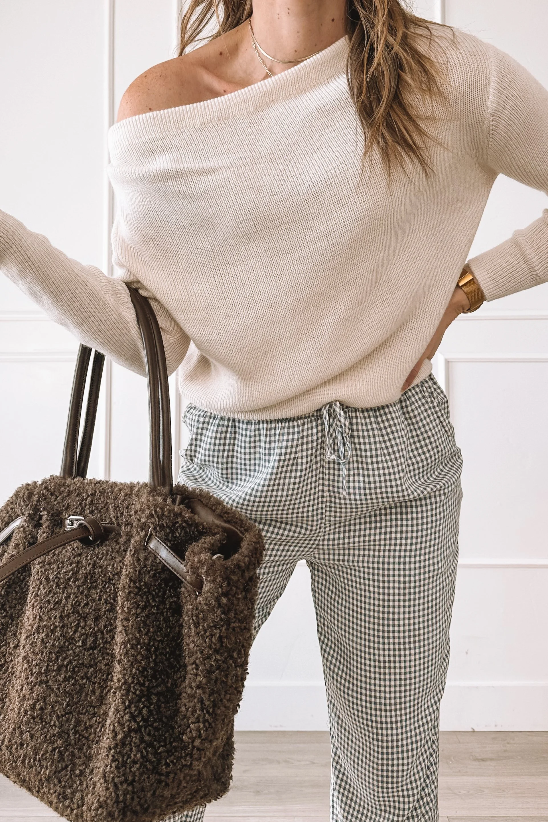 Comfy but put together everyday outfit with off the shoulder top