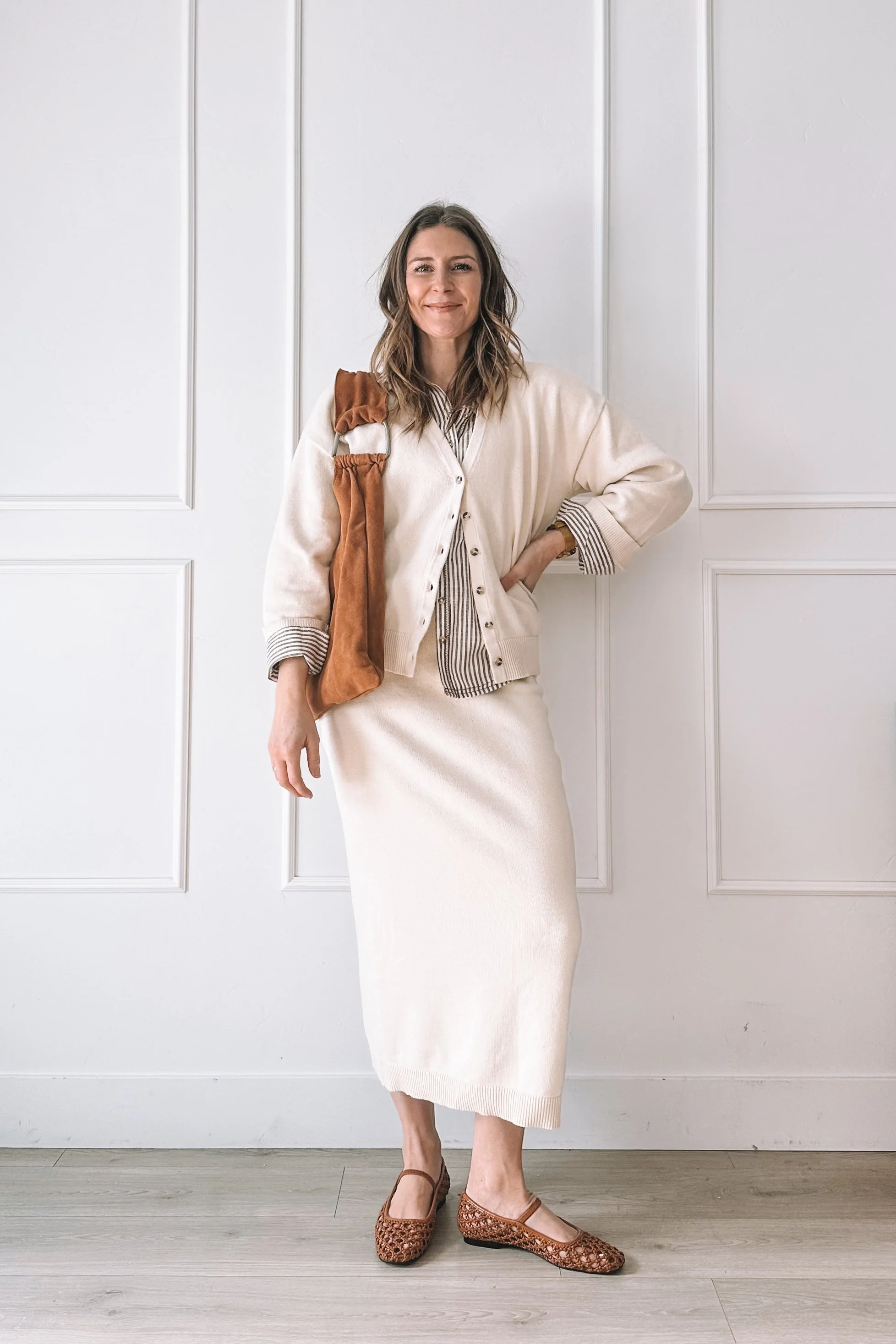 Neutral comfy but put together outfit with ivory knit set