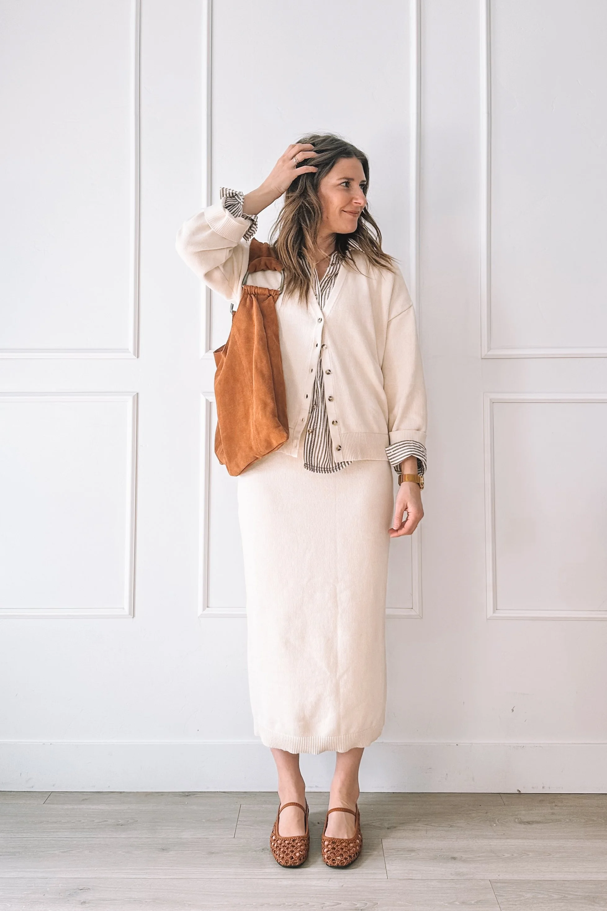 Neutral comfy but put together outfit with ivory knit set