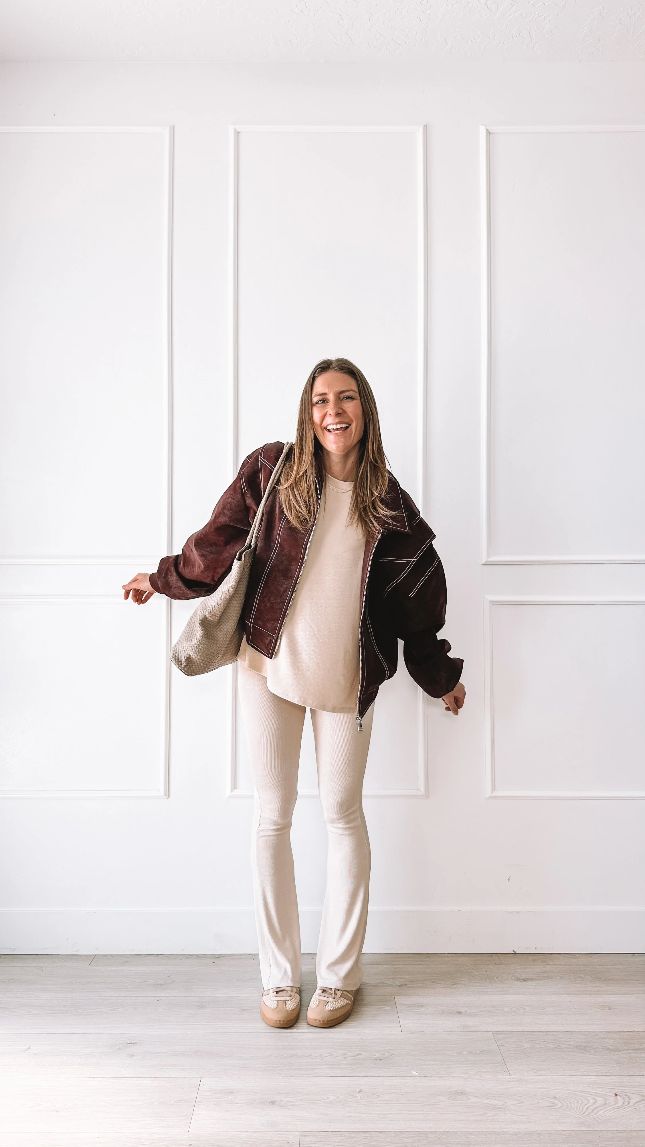 Comfy but put together ivory set with bomber jacket and Sambas